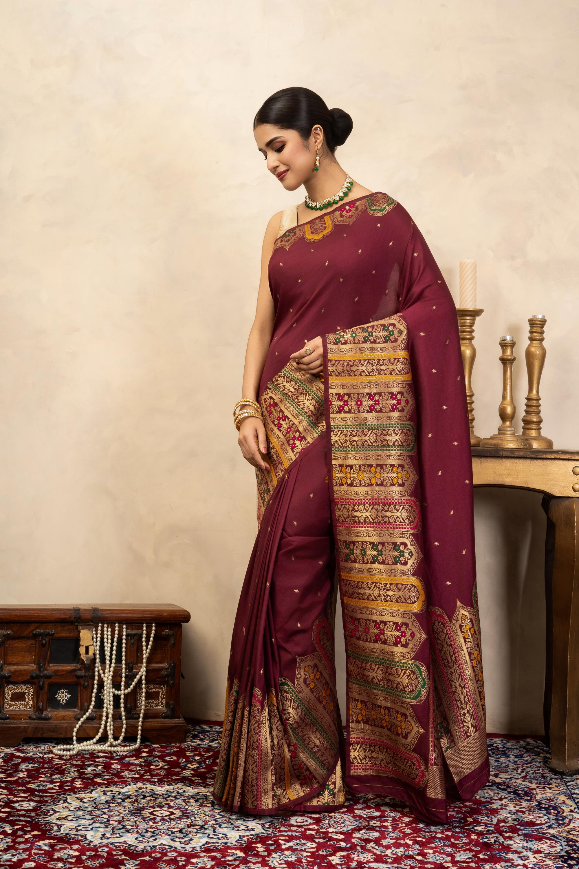 Maroon Pure Katan Silk Banarasi Handloom Saree
