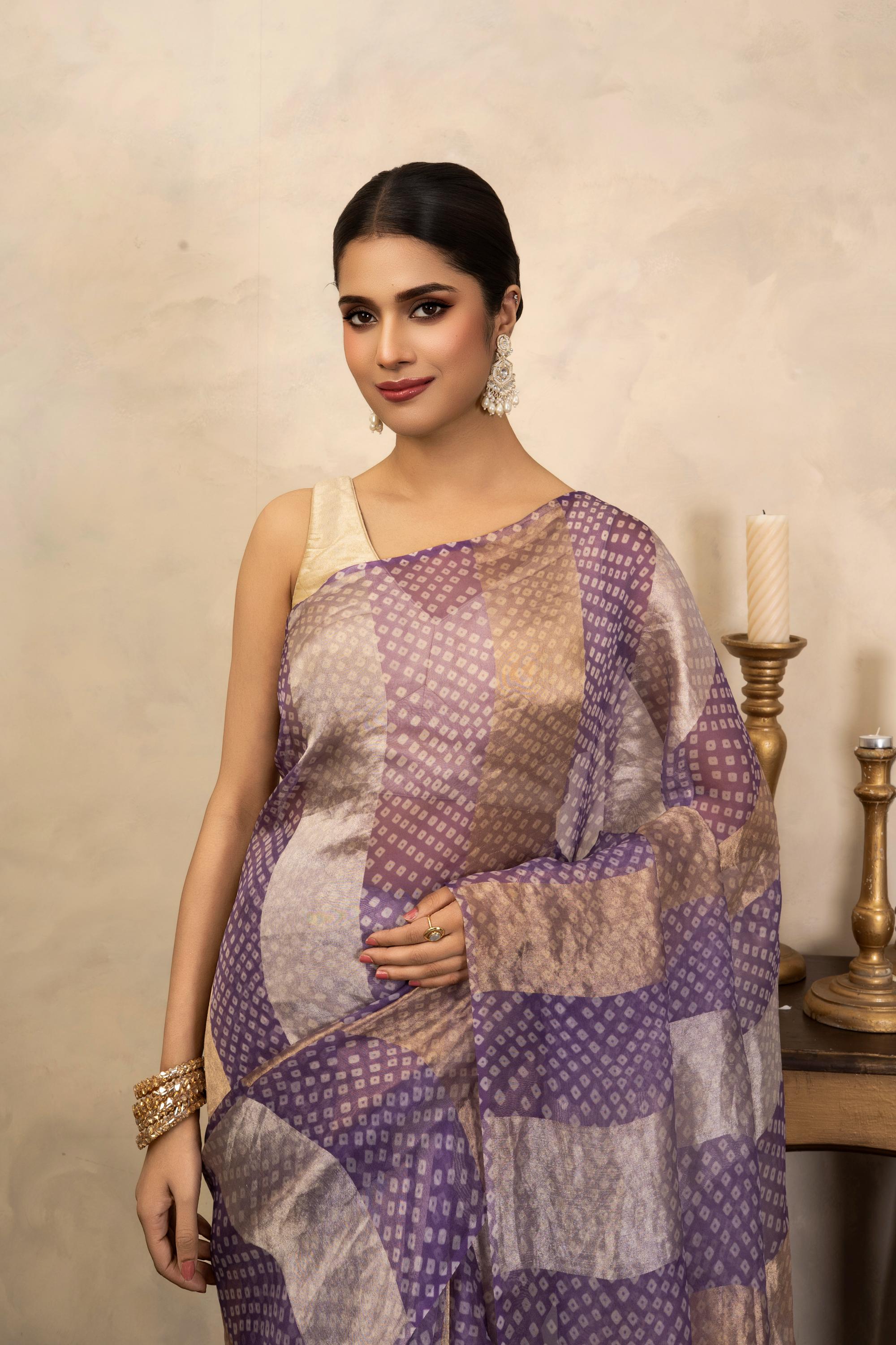 Lavender Pure Organza Silk Bandhani Digital Print Handloom Saree