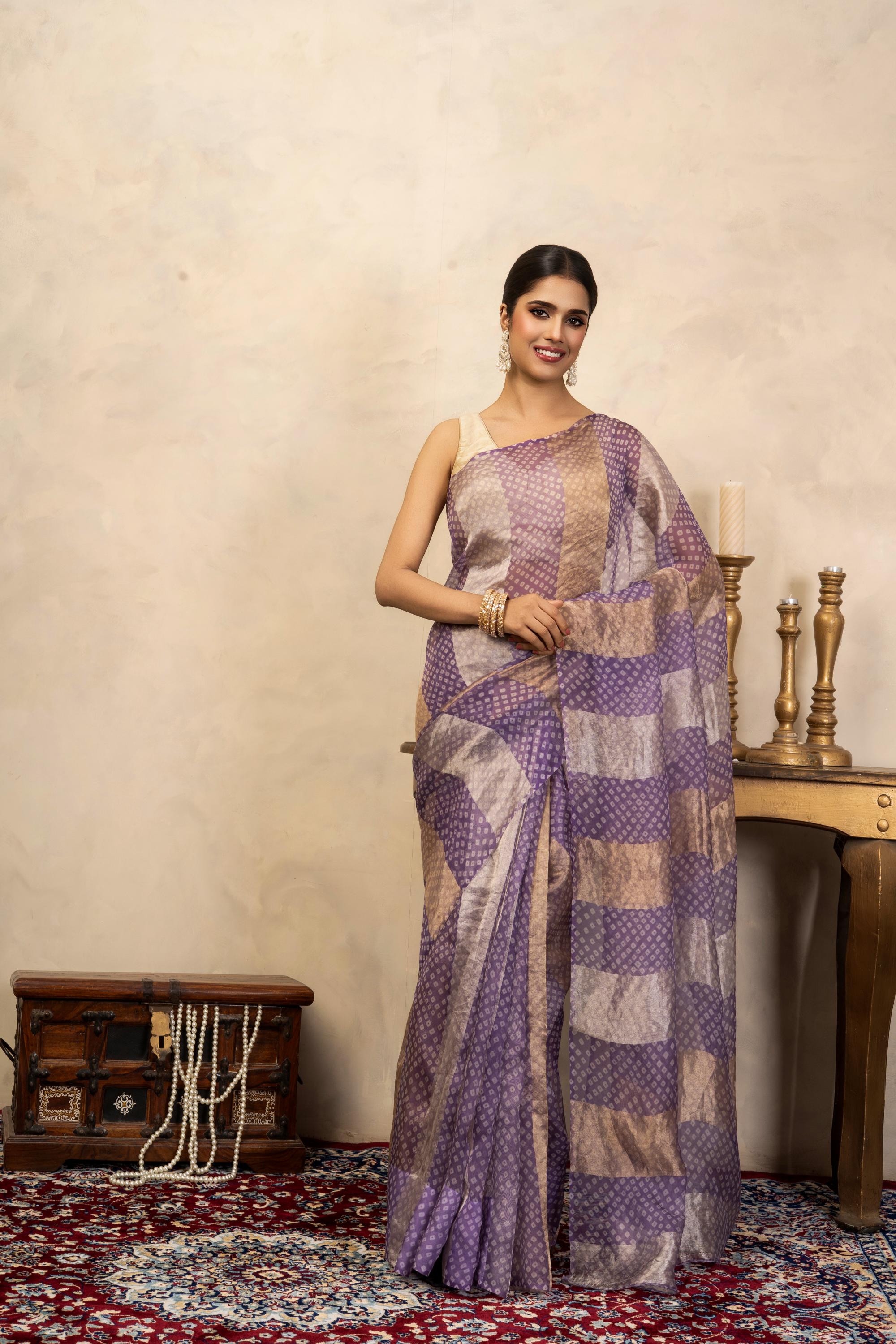 Lavender Pure Organza Silk Bandhani Digital Print Handloom Saree