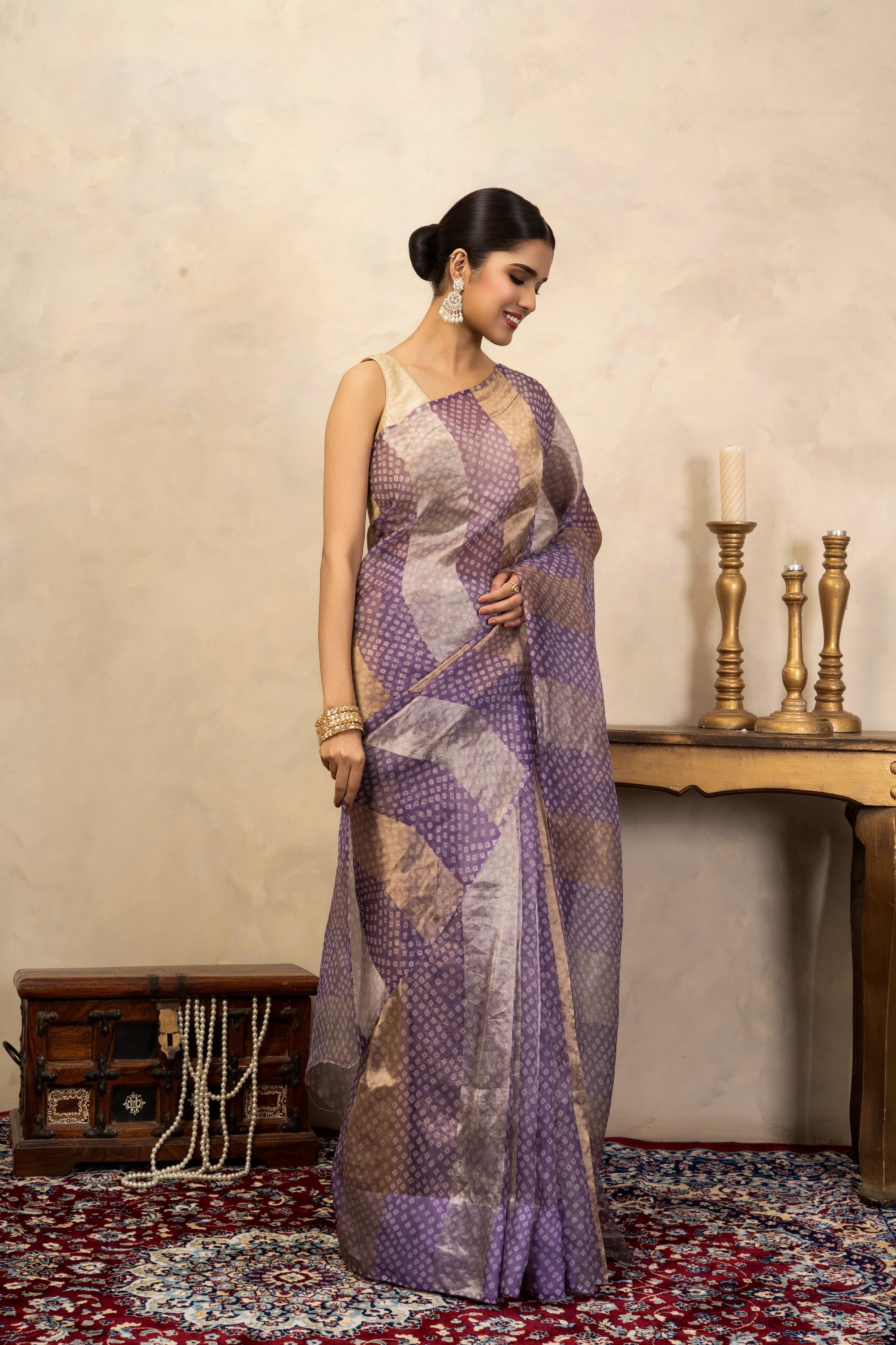Lavender Pure Organza Silk Bandhani Digital Print Handloom Saree