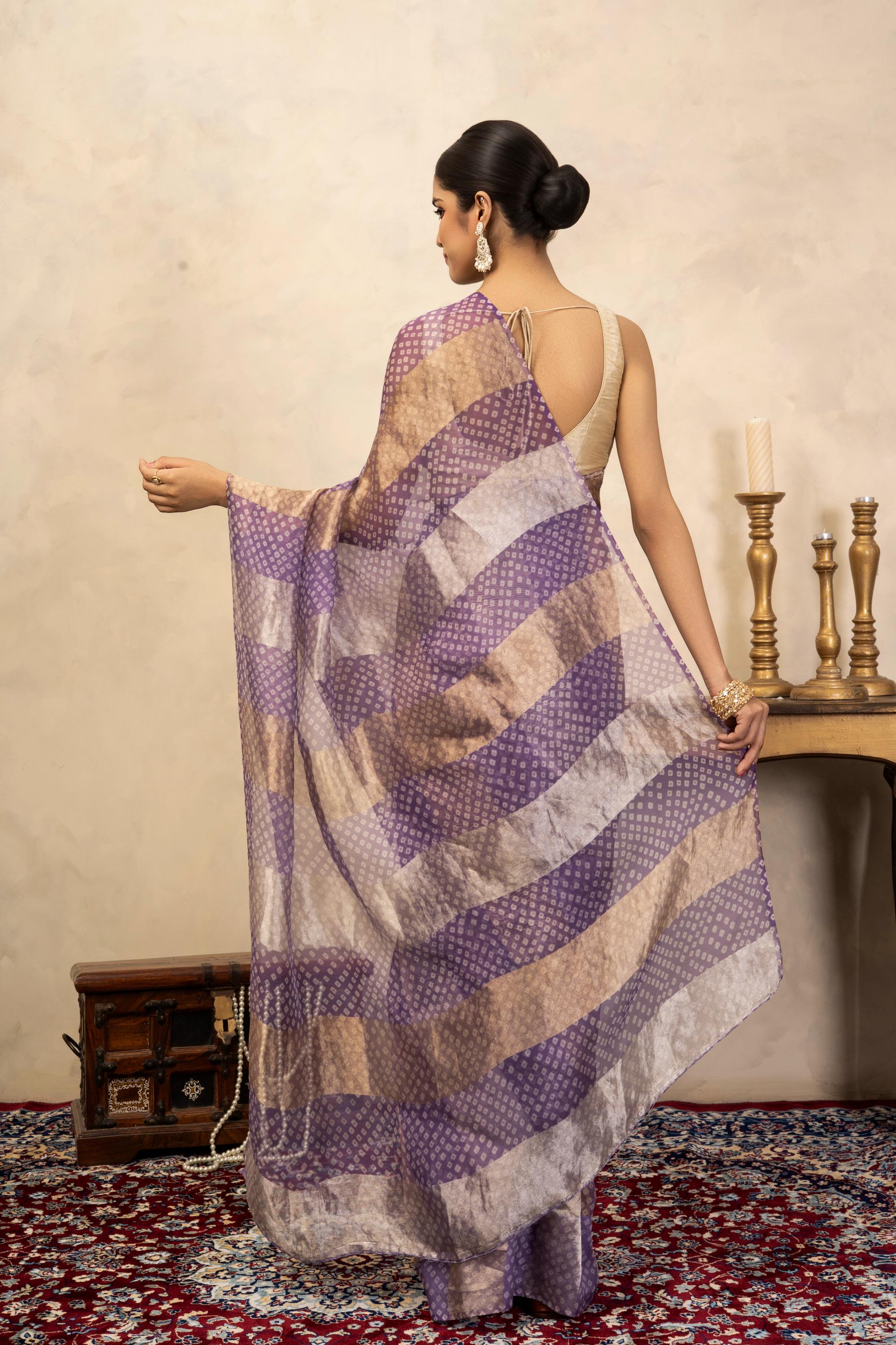 Lavender Pure Organza Silk Bandhani Digital Print Handloom Saree