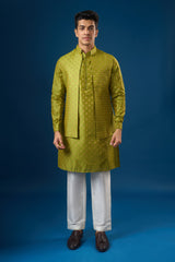 Olive Green Brocade Kurta-Bundi Set