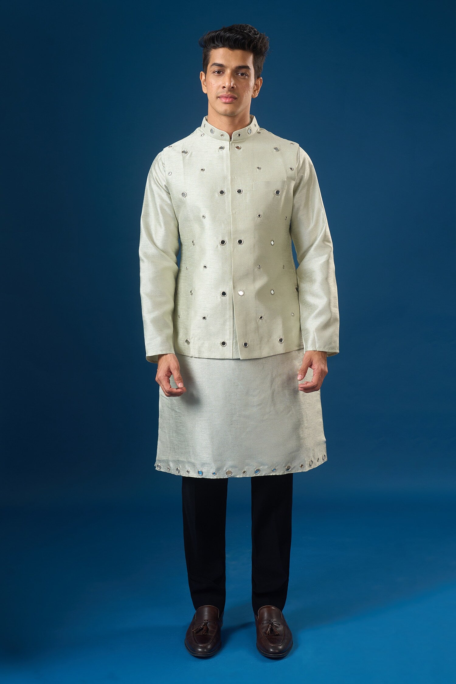 Sage Green Mirror Embroidered Kurta-Bundi Set