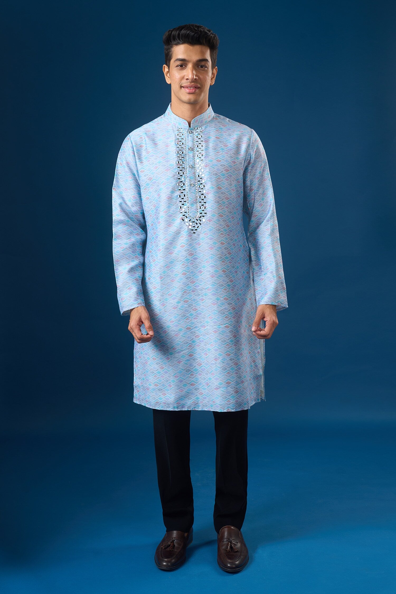 Sky Blue Mirror Embroidered Kurta Set