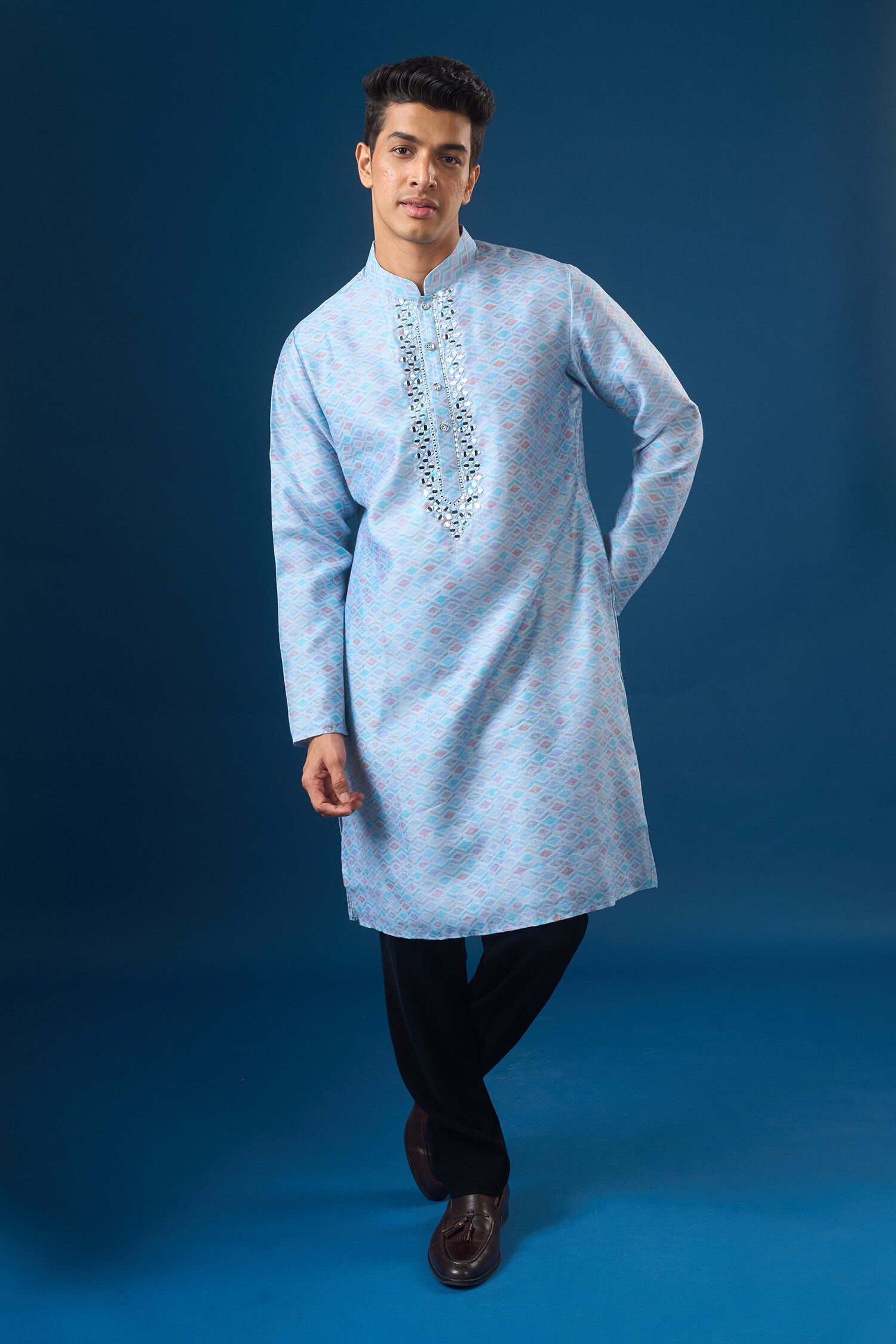 Sky Blue Mirror Embroidered Kurta Set