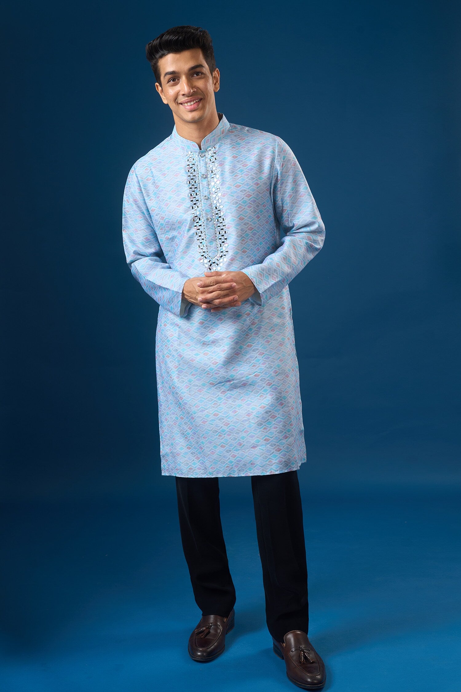Sky Blue Mirror Embroidered Kurta Set