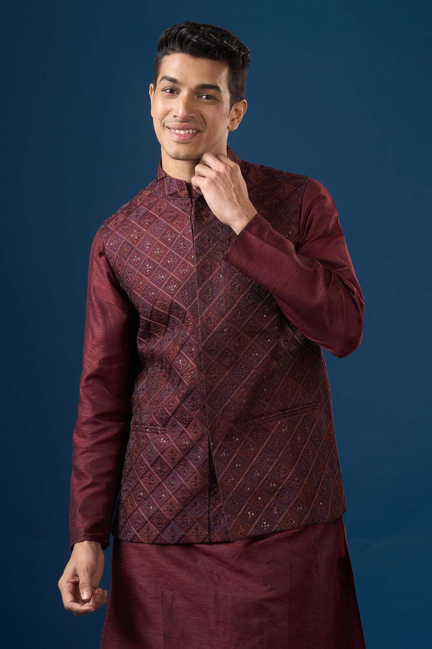 Maroon Embroidered Kurta-Bundi Set