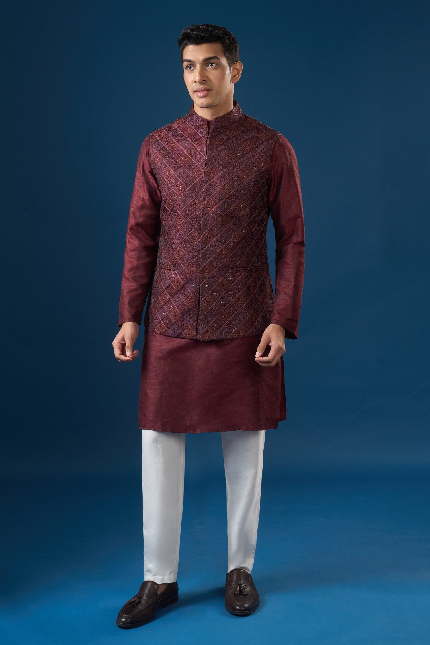 Maroon Embroidered Kurta-Bundi Set