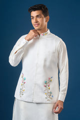 Off White Embroidered Kurta-Bundi Set