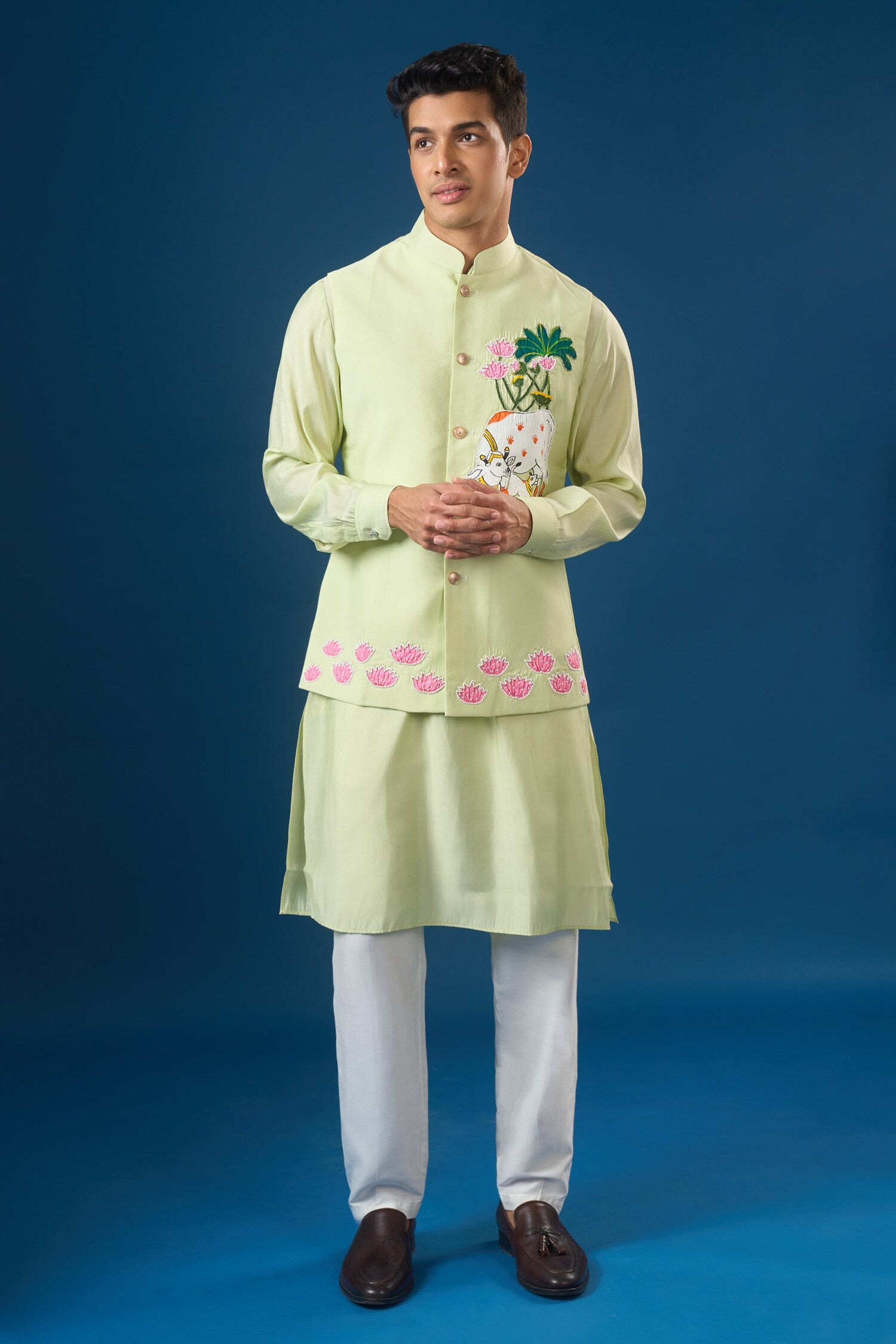 Pista Green Embroidered Kurta-Bundi Set