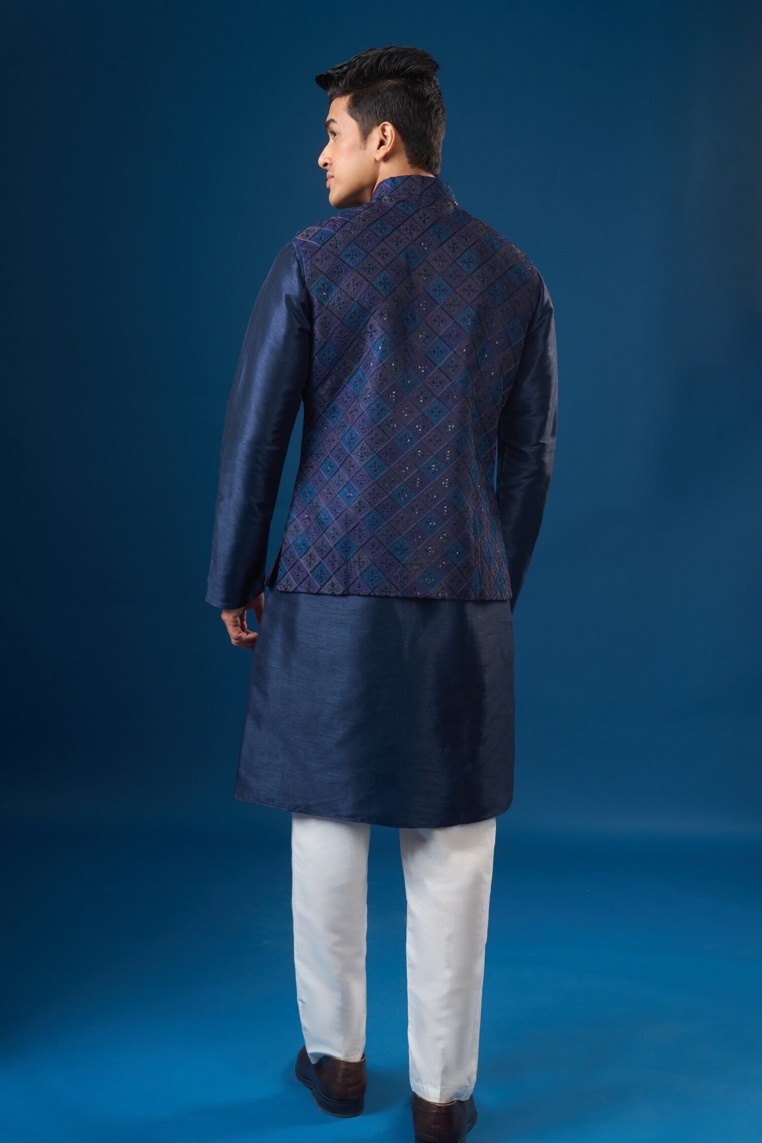 Royal Blue Embroidered Kurta-Bundi Set
