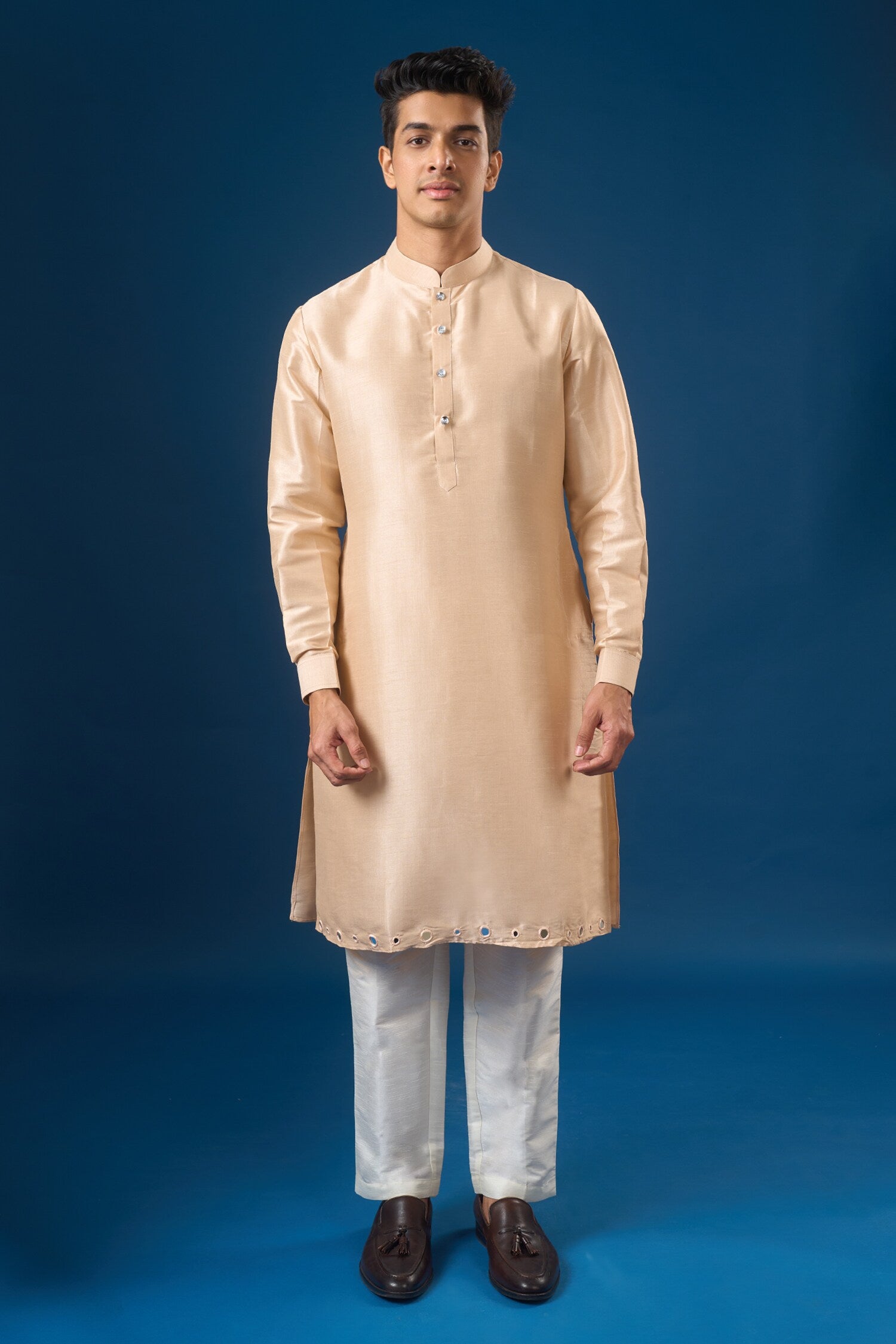 Peach Mirror Embroidered Kurta-Bundi Set