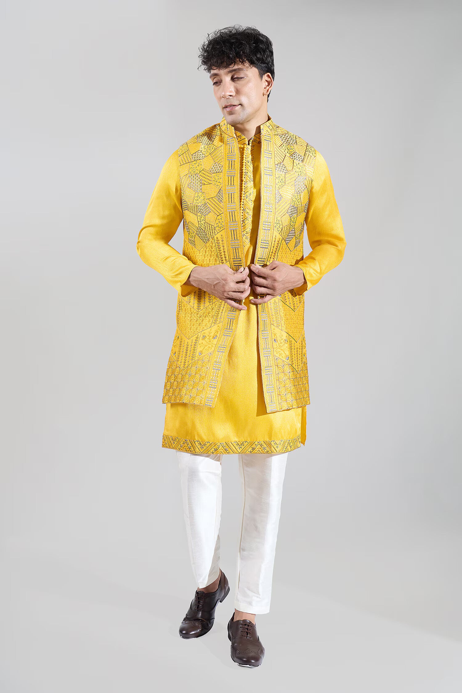 Yellow Embroidered Kurta-Jacket Set