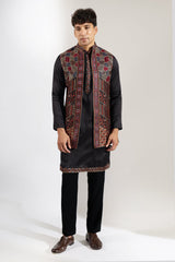 Dark Blue Embroidered Kurta-Jacket Set