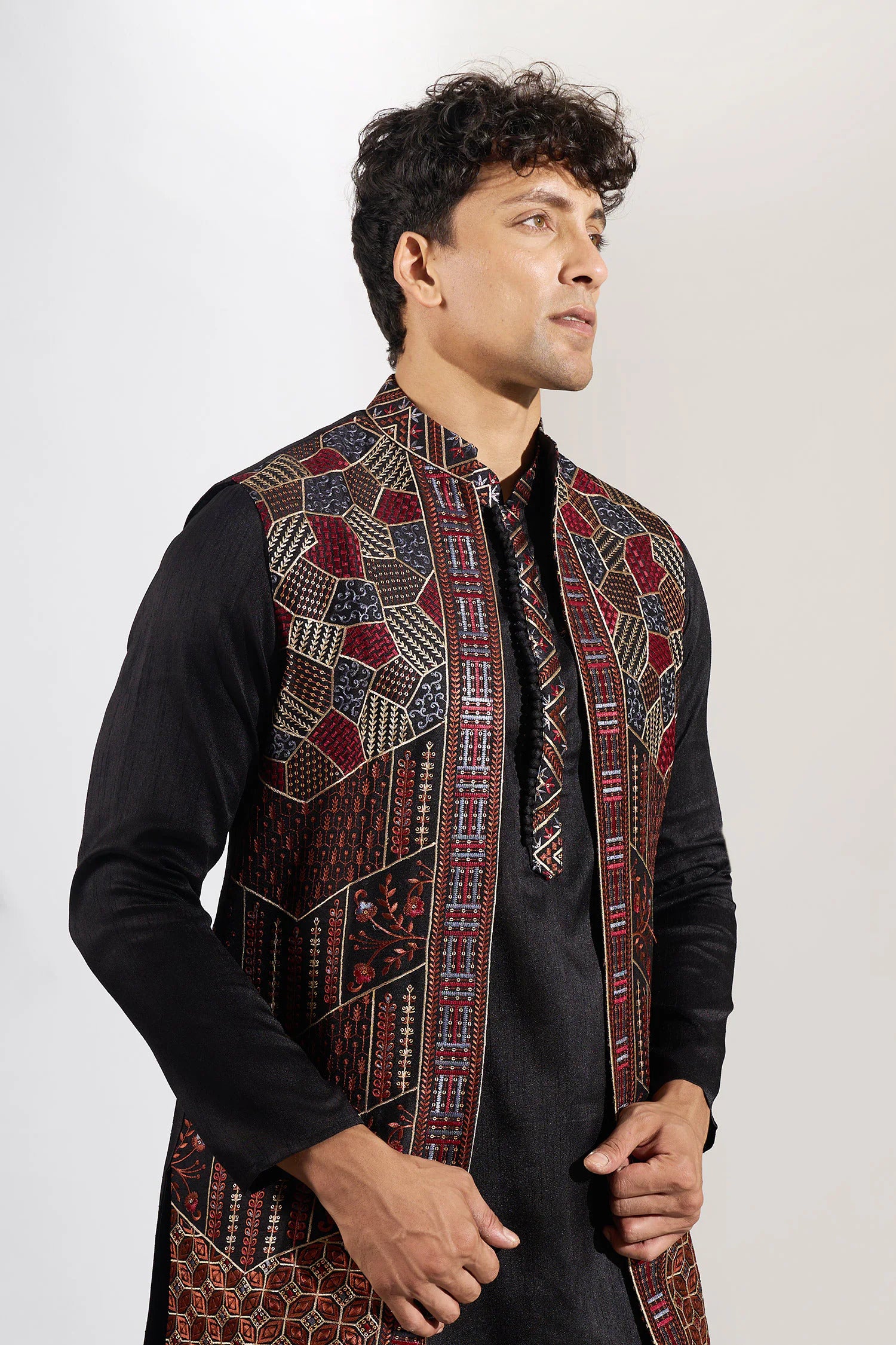 Dark Blue Embroidered Kurta-Jacket Set