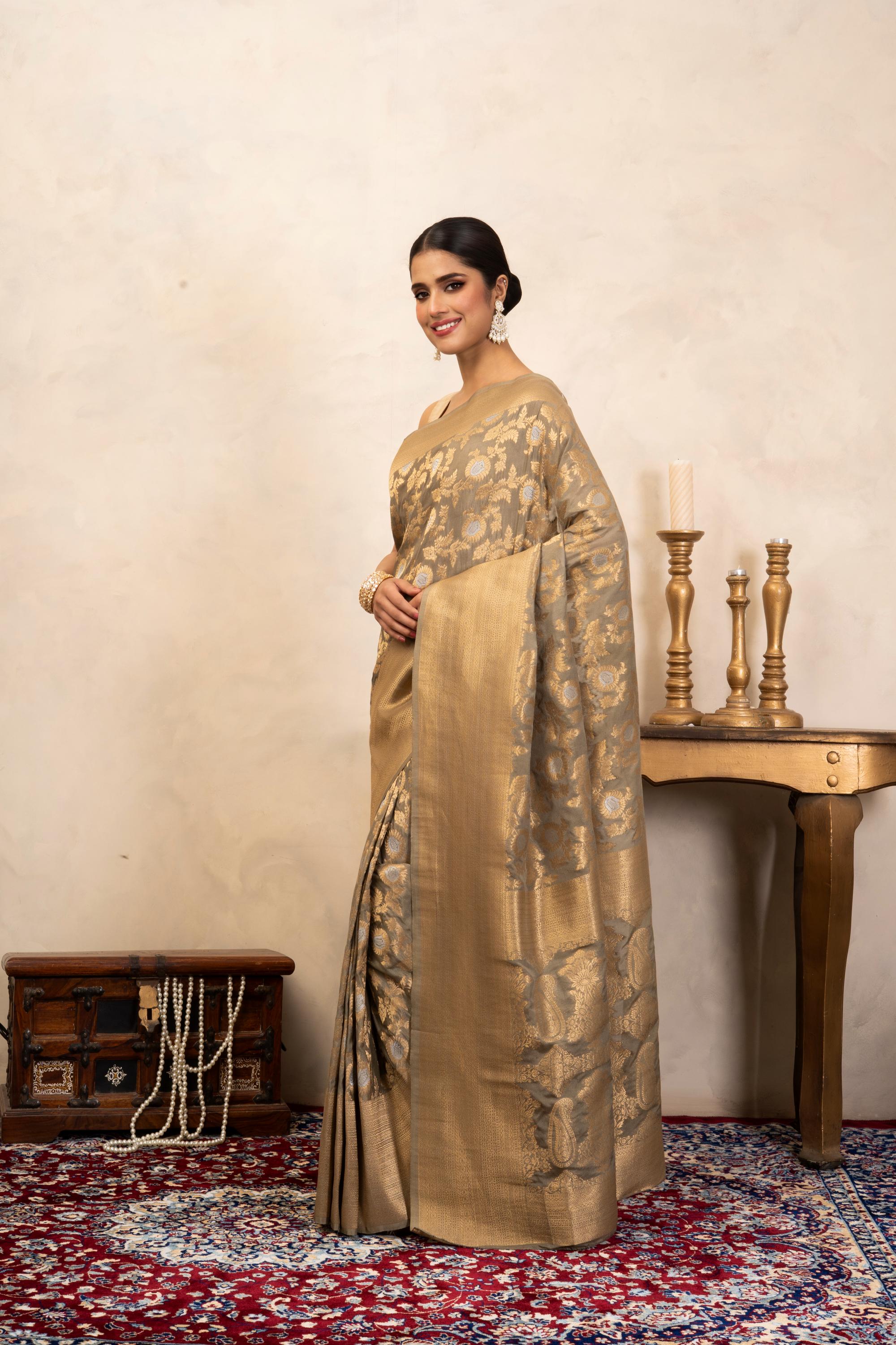 Grey Pure Katan Silk Banarasi Handloom Saree