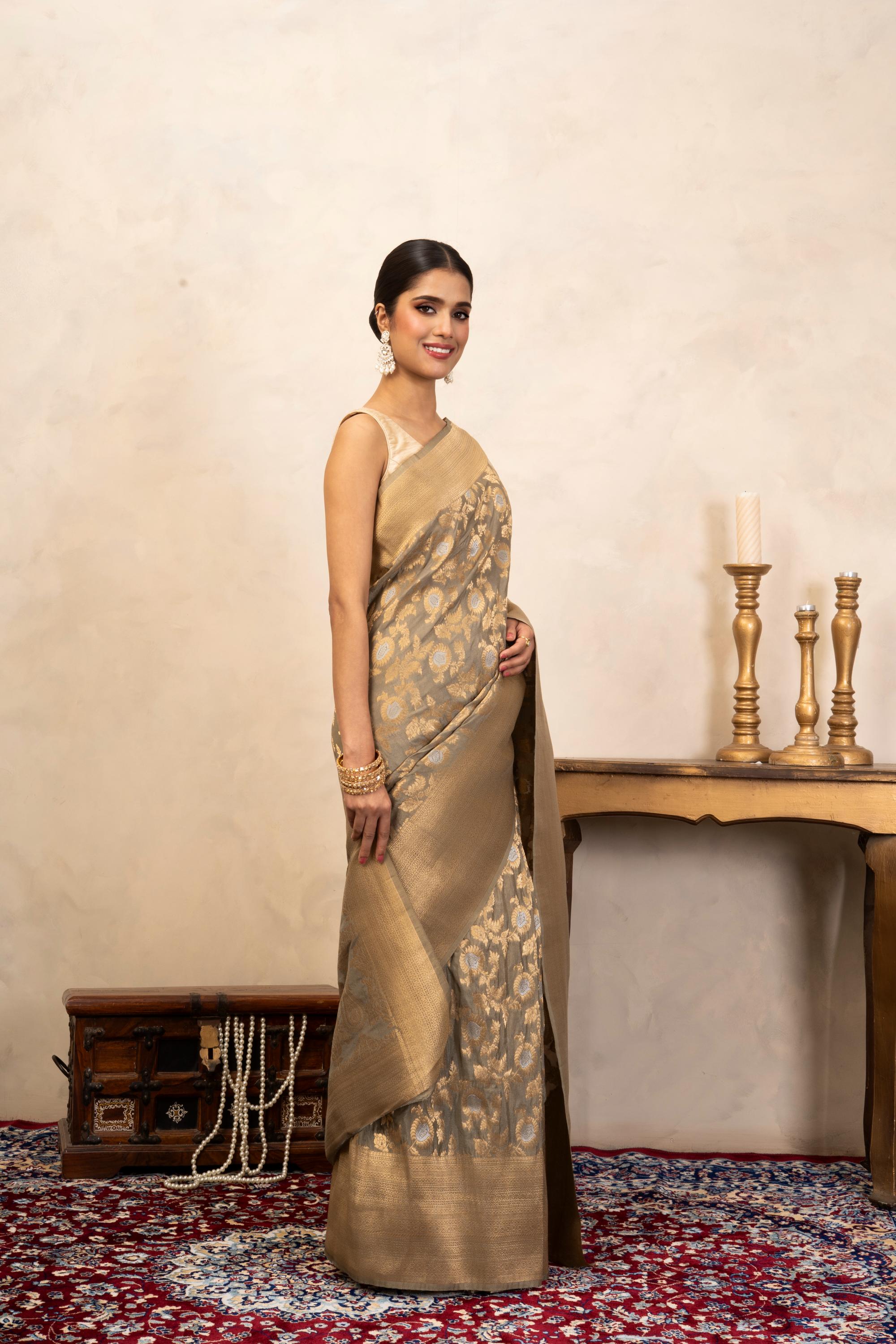 Grey Pure Katan Silk Banarasi Handloom Saree