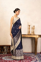 Navy Blue Pure Katan Silk Banarasi Handloom Saree
