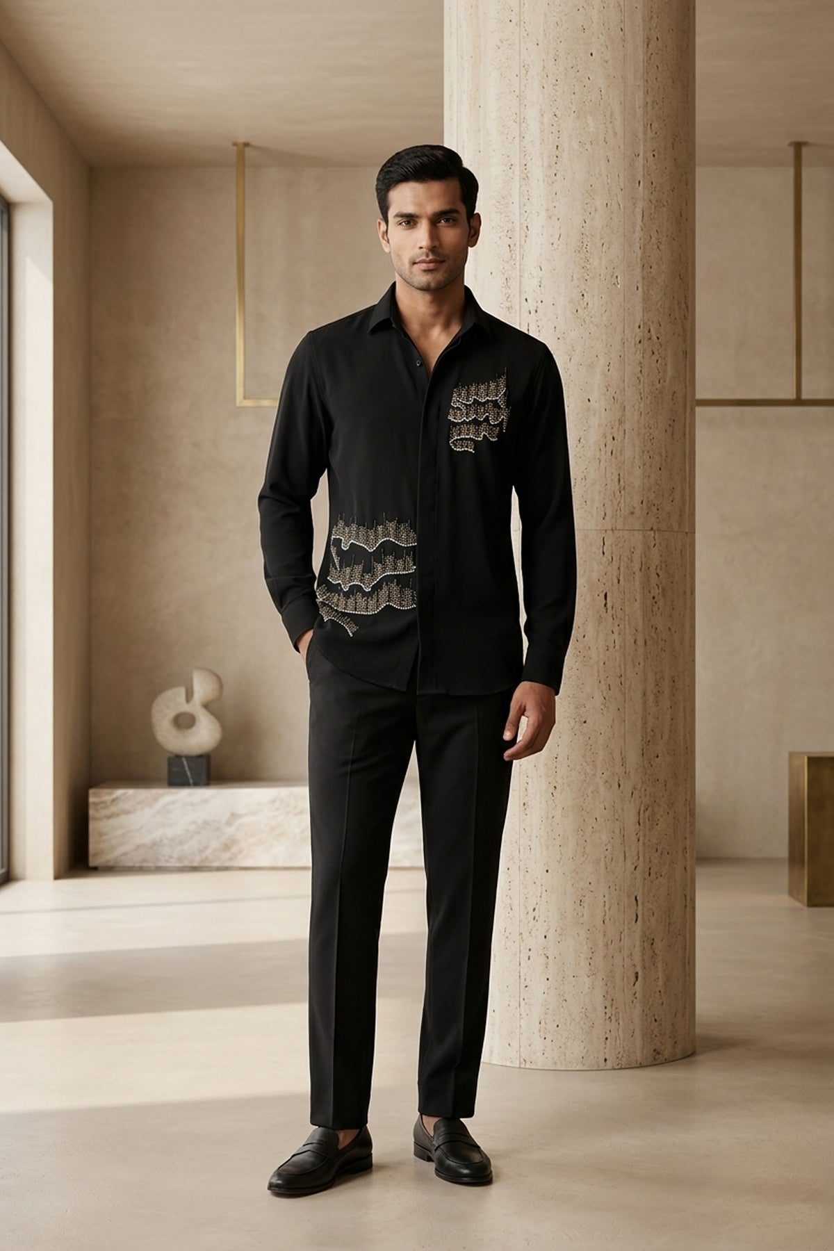 Resonance — Black Hand Embroidered Armani Fabric Shirt