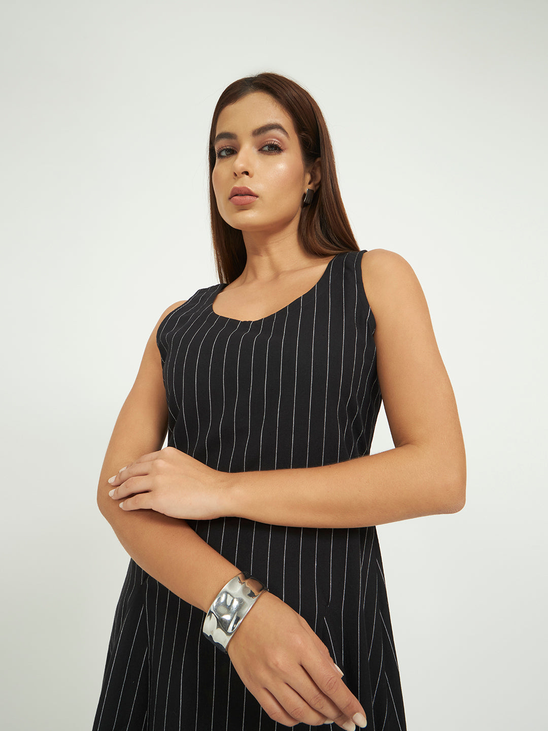 Black Pinstripe A-Line Maxi Dress