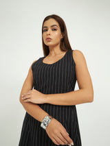 Black Pinstripe A-Line Maxi Dress