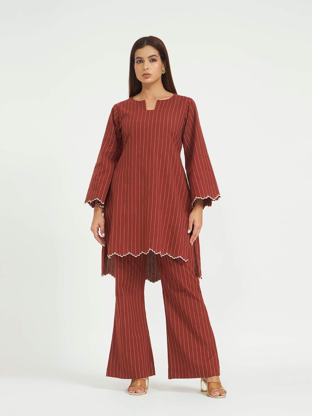 Rust Pinstripe Co-ord Set with Scalloped Hem