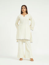 White Pinstripe Co-ord Set with Scalloped Hem