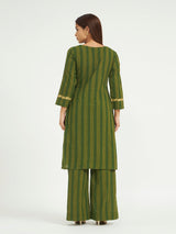 Olive Green Striped Kurta Set with Floral Embroidery