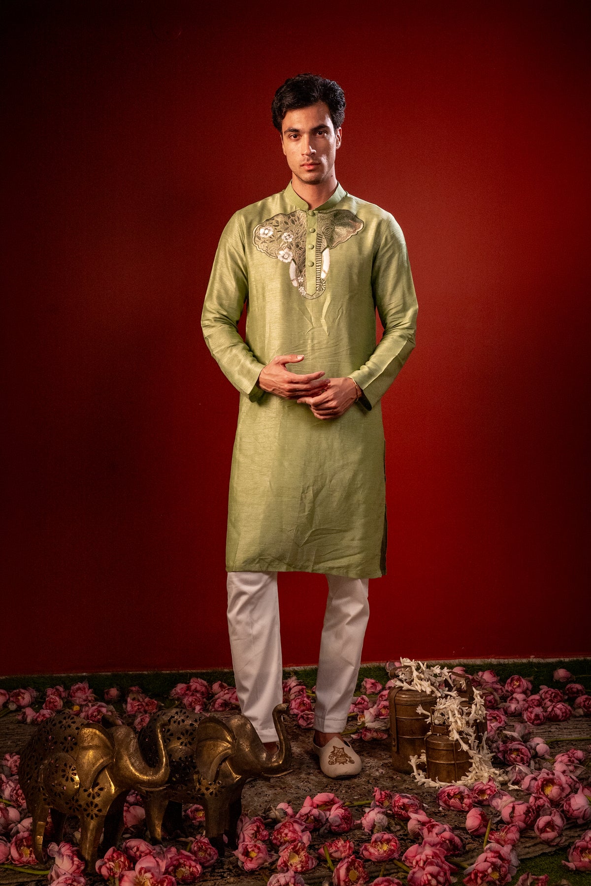 Nishant — Olive Green Thread Embroidered Falling Raw Silk Kurta