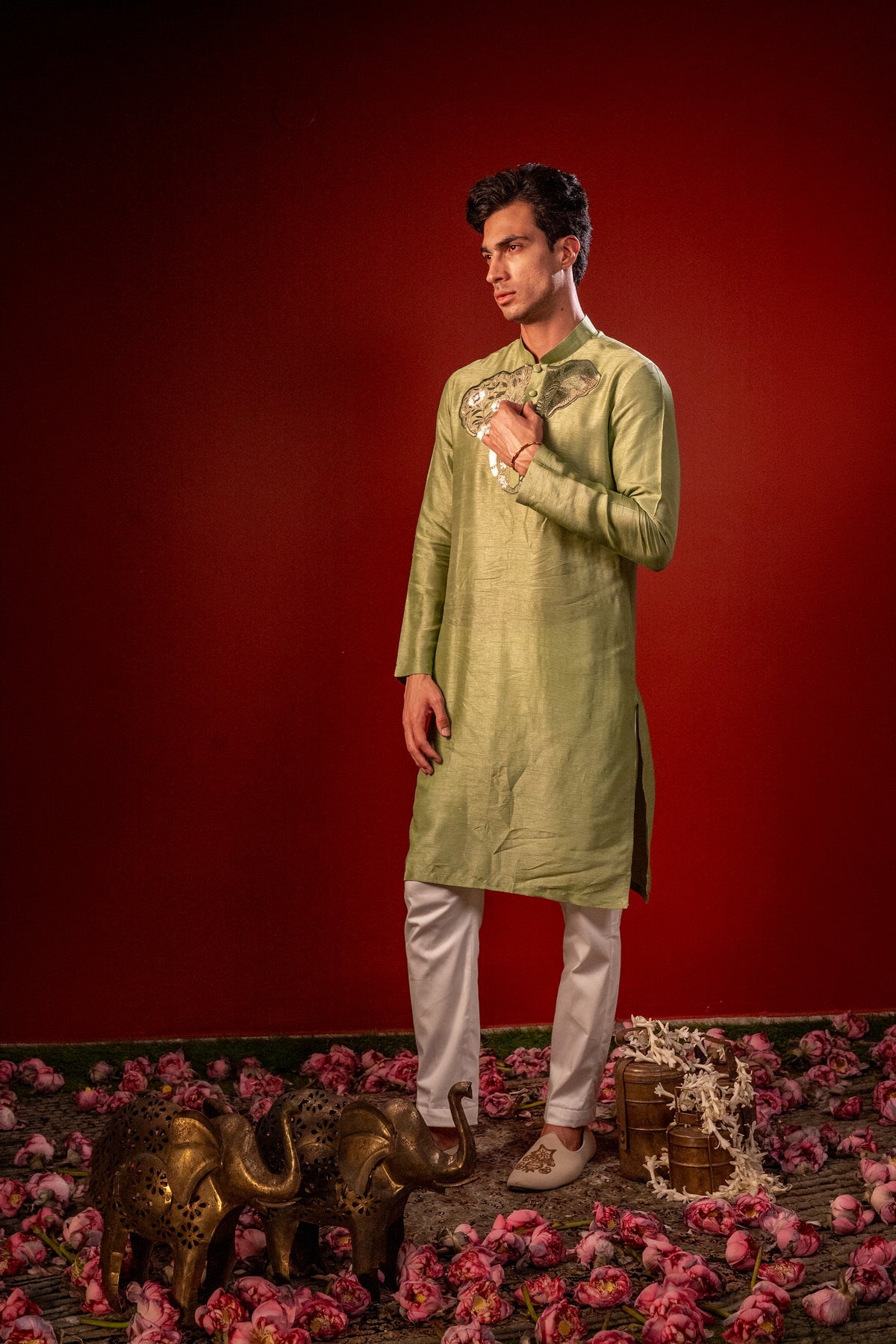 Nishant — Olive Green Thread Embroidered Falling Raw Silk Kurta