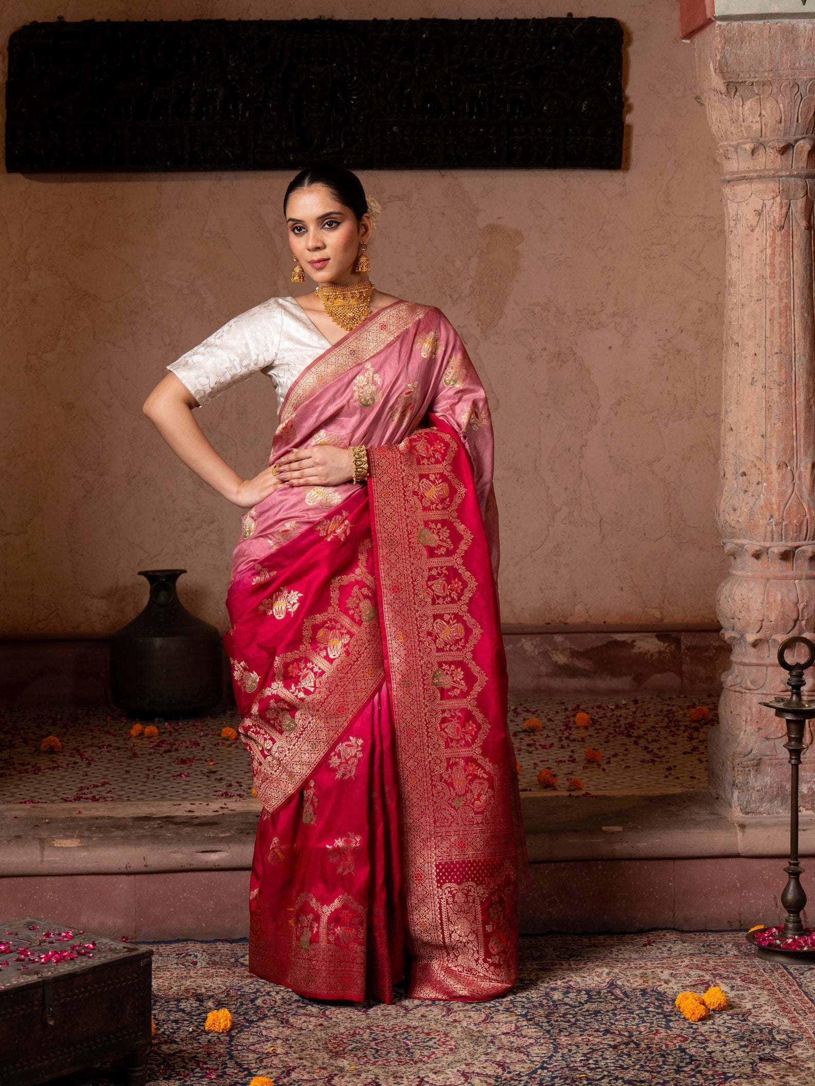 Red Pink Motif Pure Katan Silk Banarasi Handloom Saree