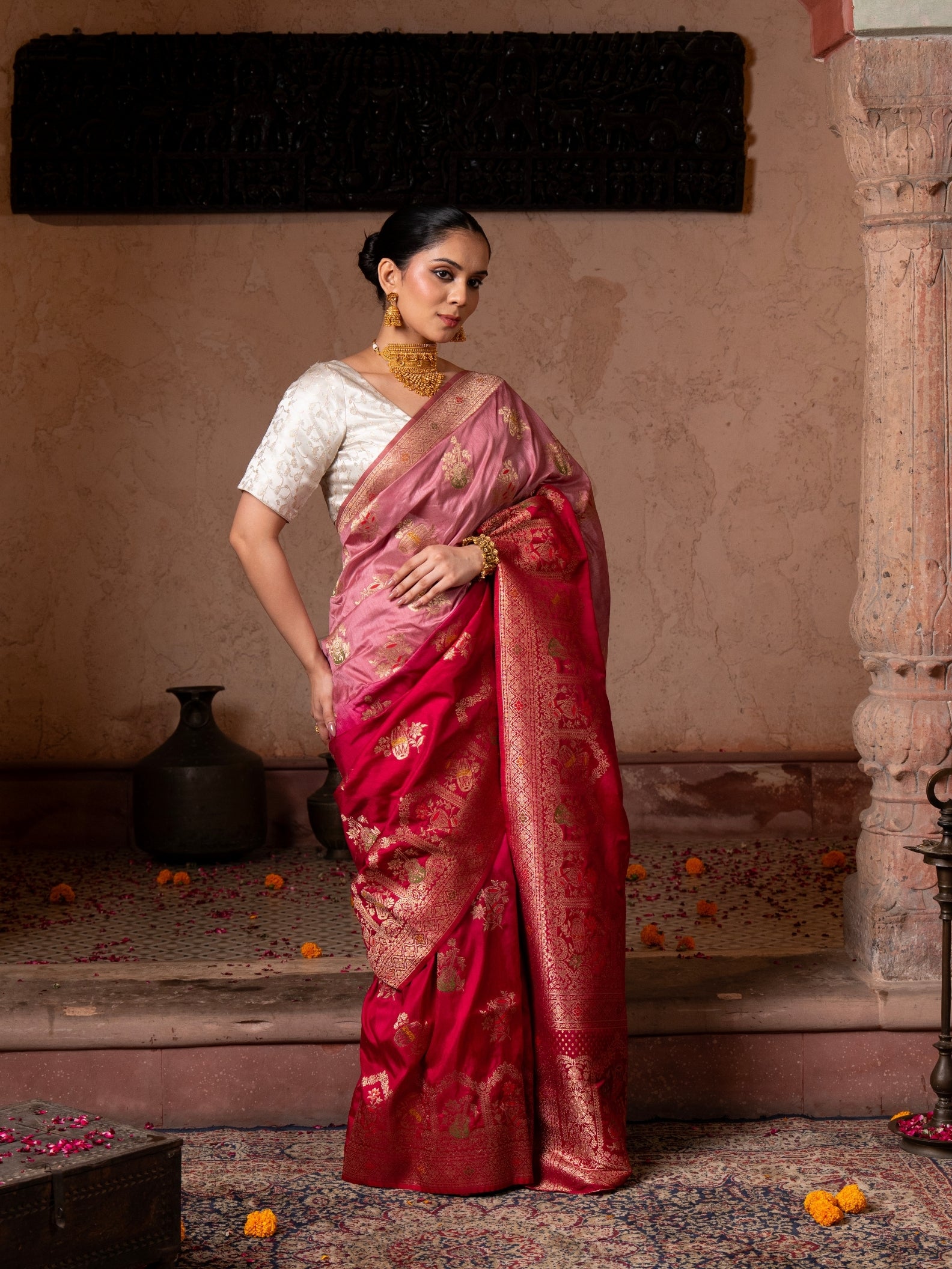 Red Pink Motif Pure Katan Silk Banarasi Handloom Saree