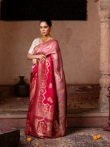 Red Pink Motif Pure Katan Silk Banarasi Handloom Saree