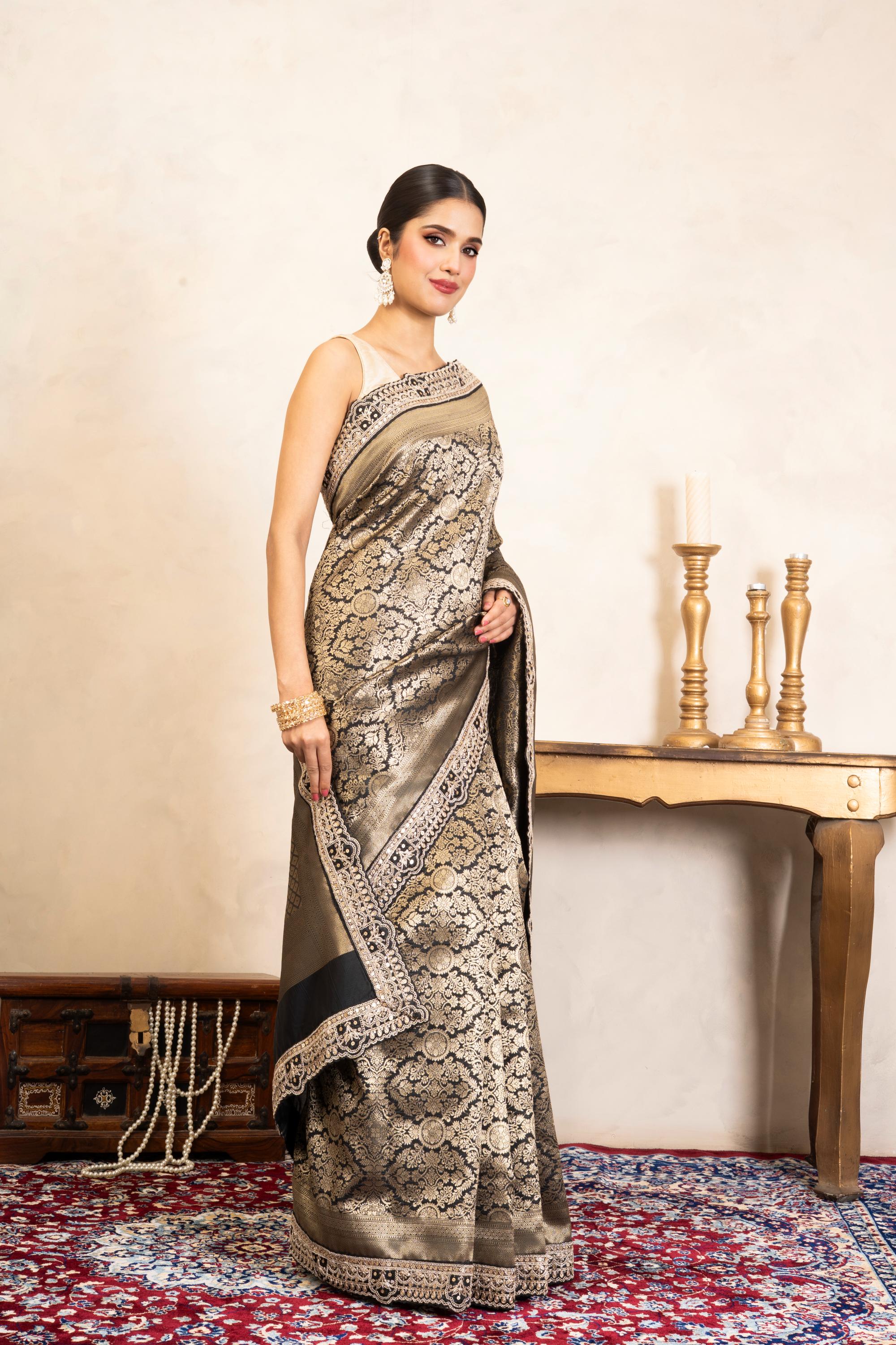 Black Pure Katan Brocade Banarasi Handloom Saree