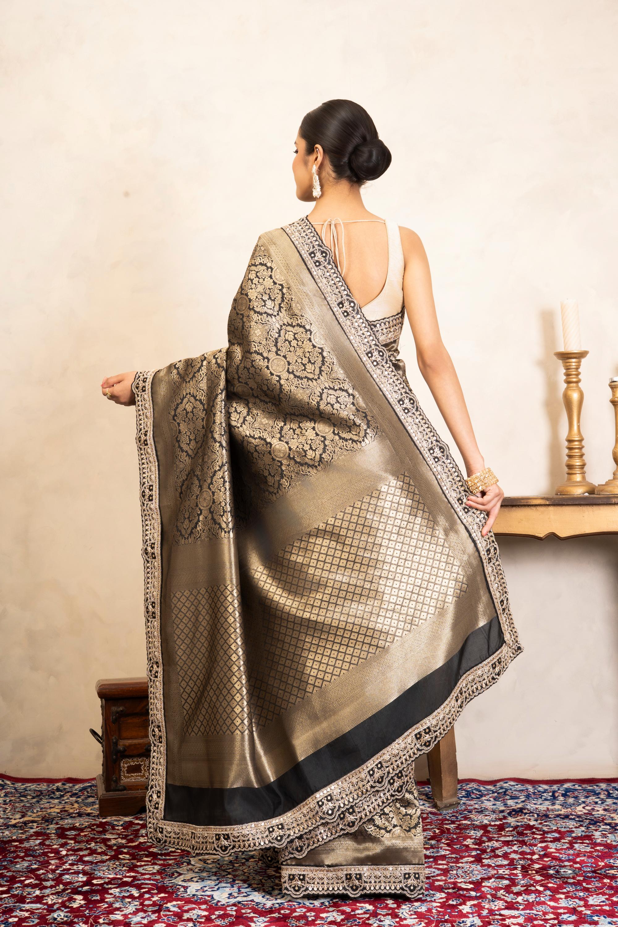 Black Pure Katan Brocade Banarasi Handloom Saree