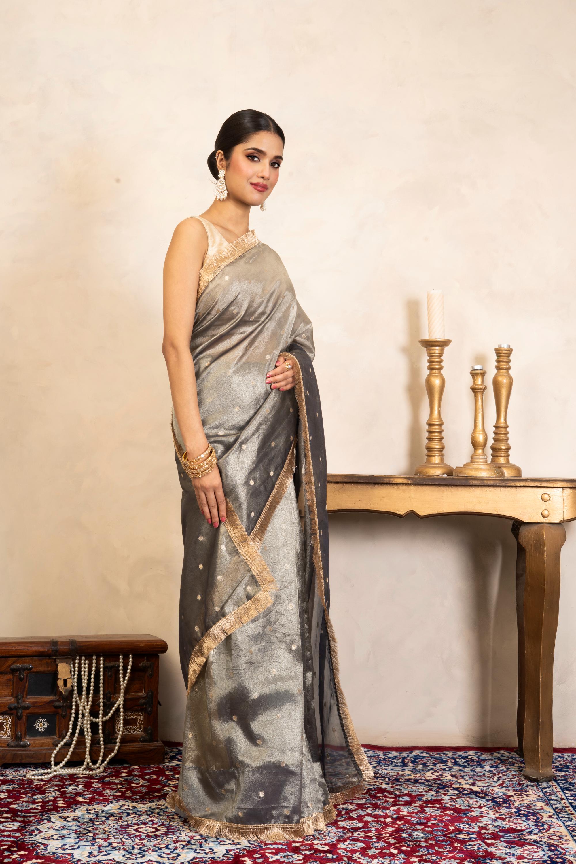 Grey Pure Tissue Silk Banarasi Handloom Saree