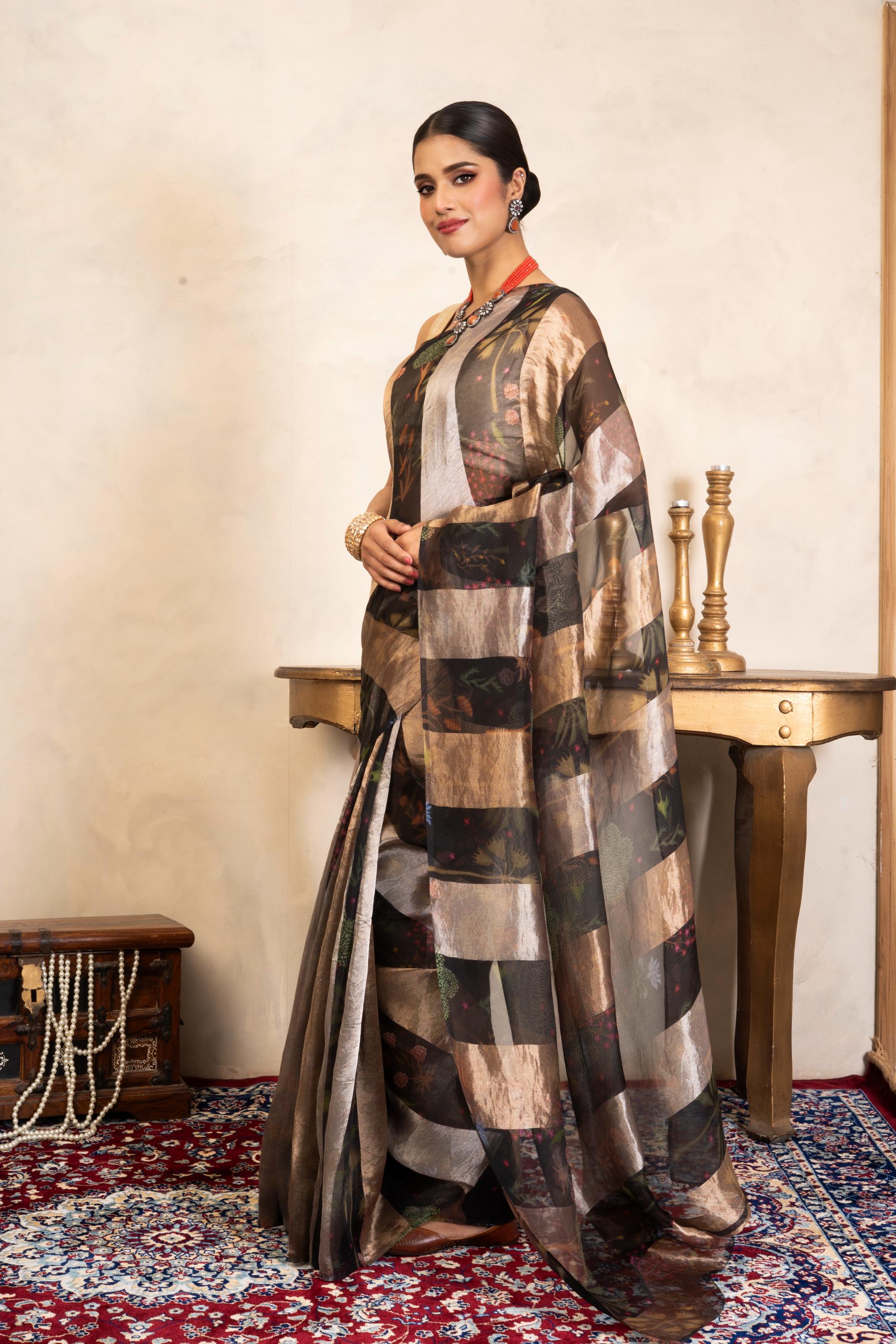 Black Pure Organza Silk Banarasi Handloom Digital Print Saree