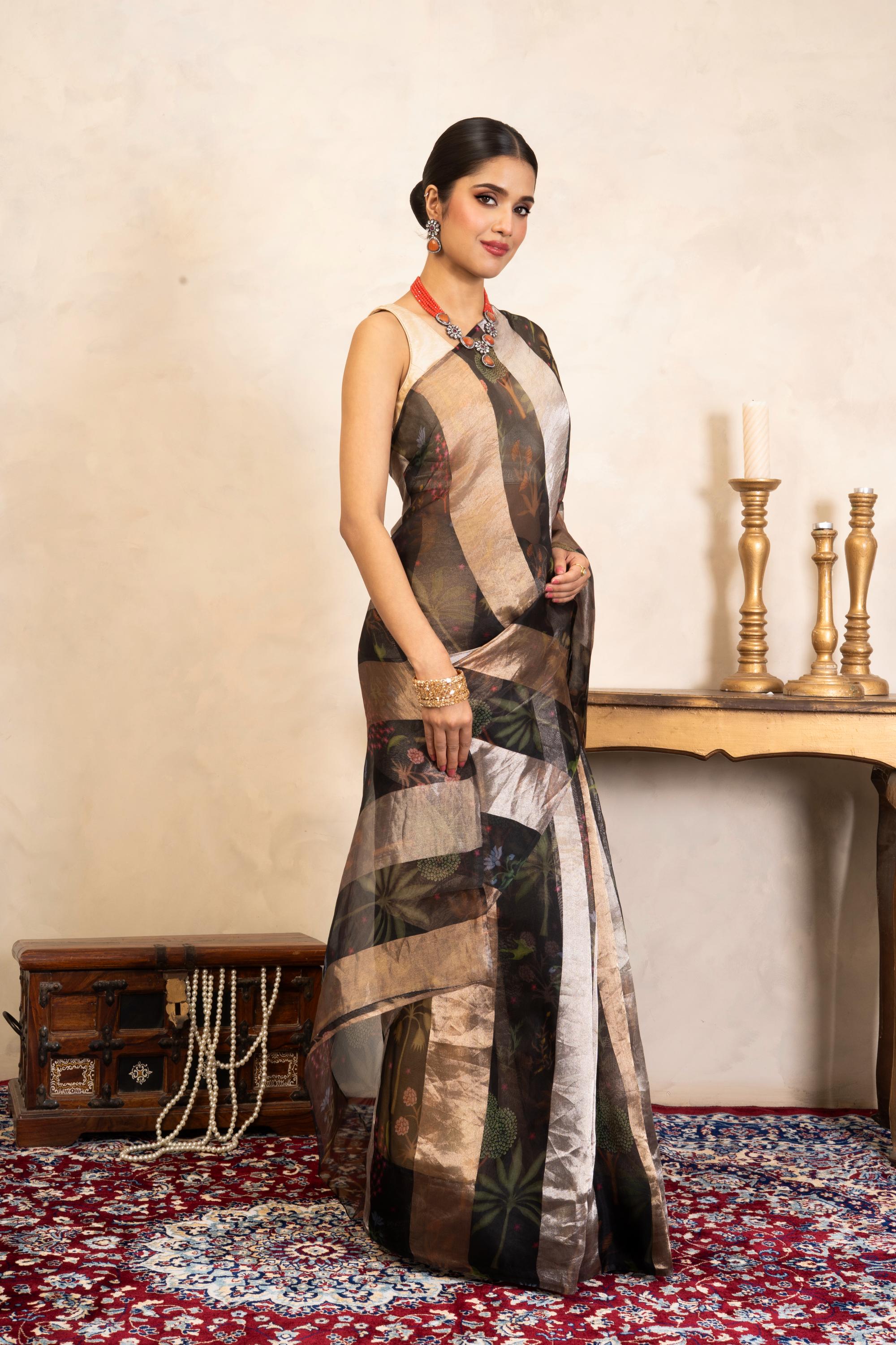 Black Pure Organza Silk Banarasi Handloom Digital Print Saree