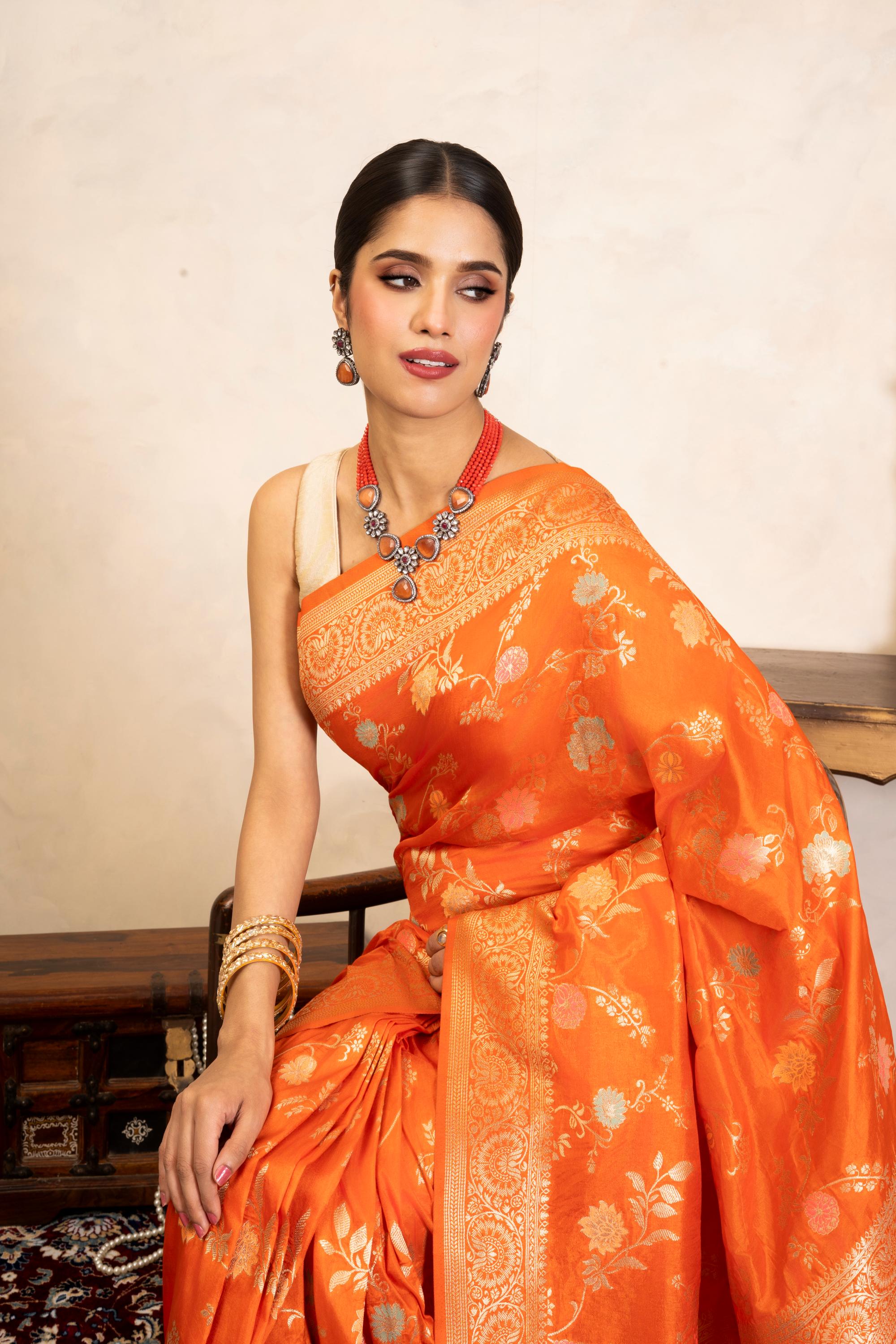 Orange Pure Katan Silk Banarasi Handloom Saree