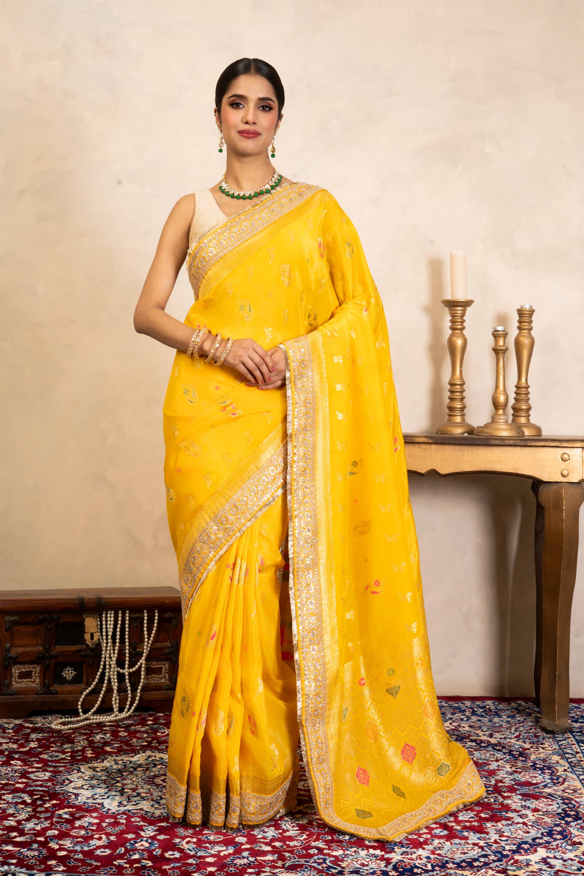 Yellow Pure Katan Silk Banarasi Handloom Saree
