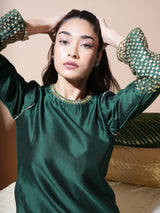 Bottle Green Statement Cuff Long Kurta Set