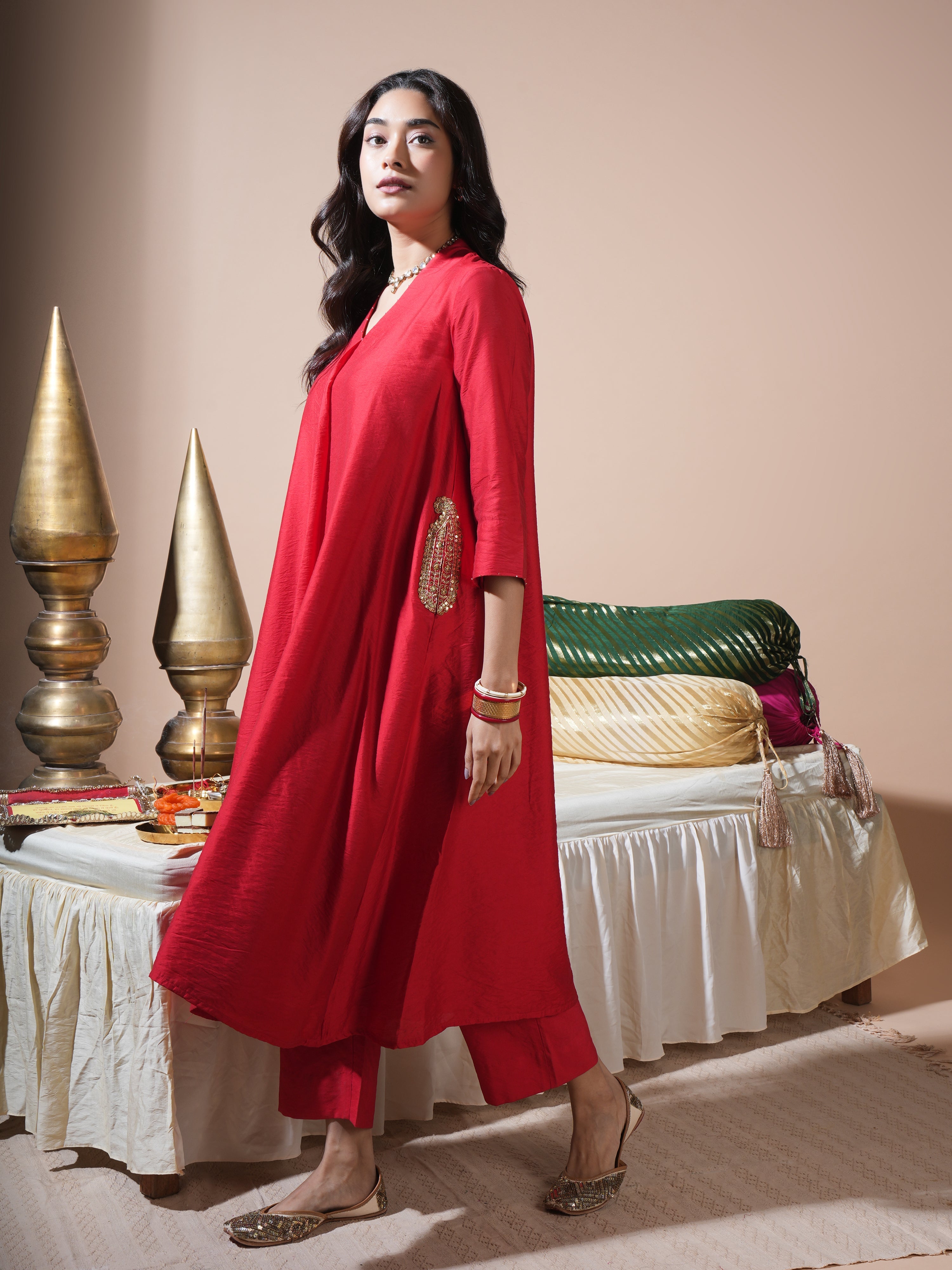 Red Keri Pocket Kurta Set