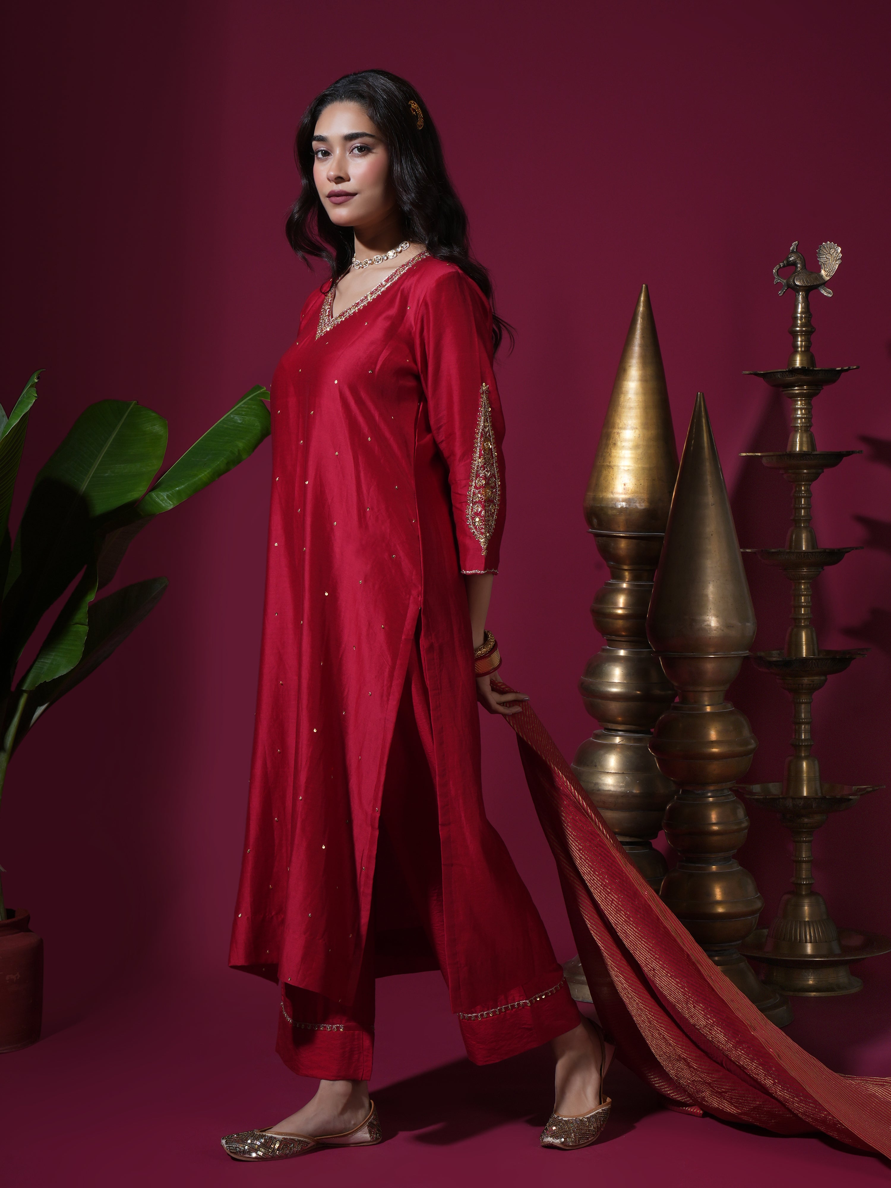 Red Asopalav Long Kurta Set