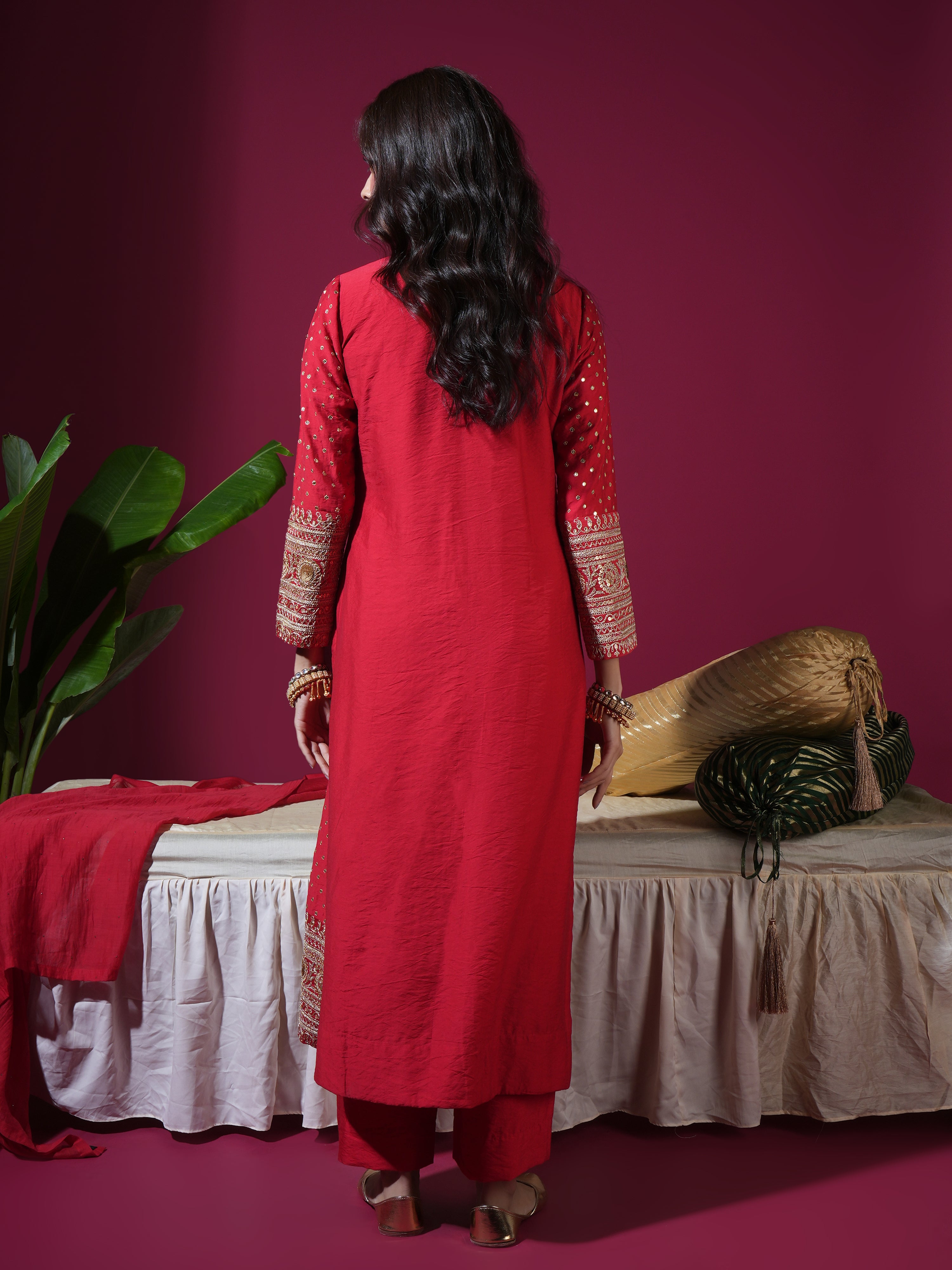 Red Sequence Long Kurta Set