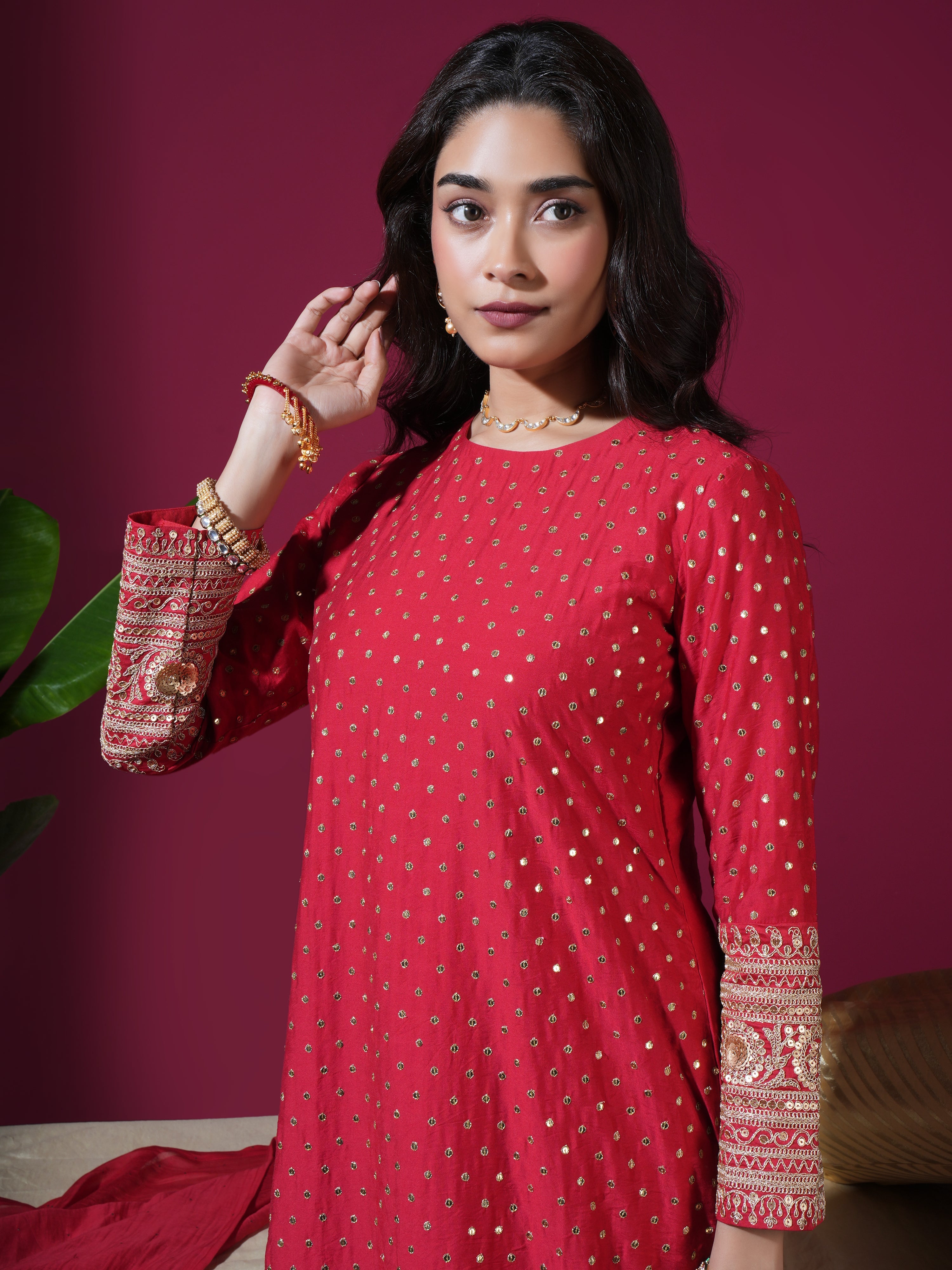 Red Sequence Long Kurta Set