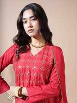 Red Geometric Jaal Short Kurta Palazzo Set