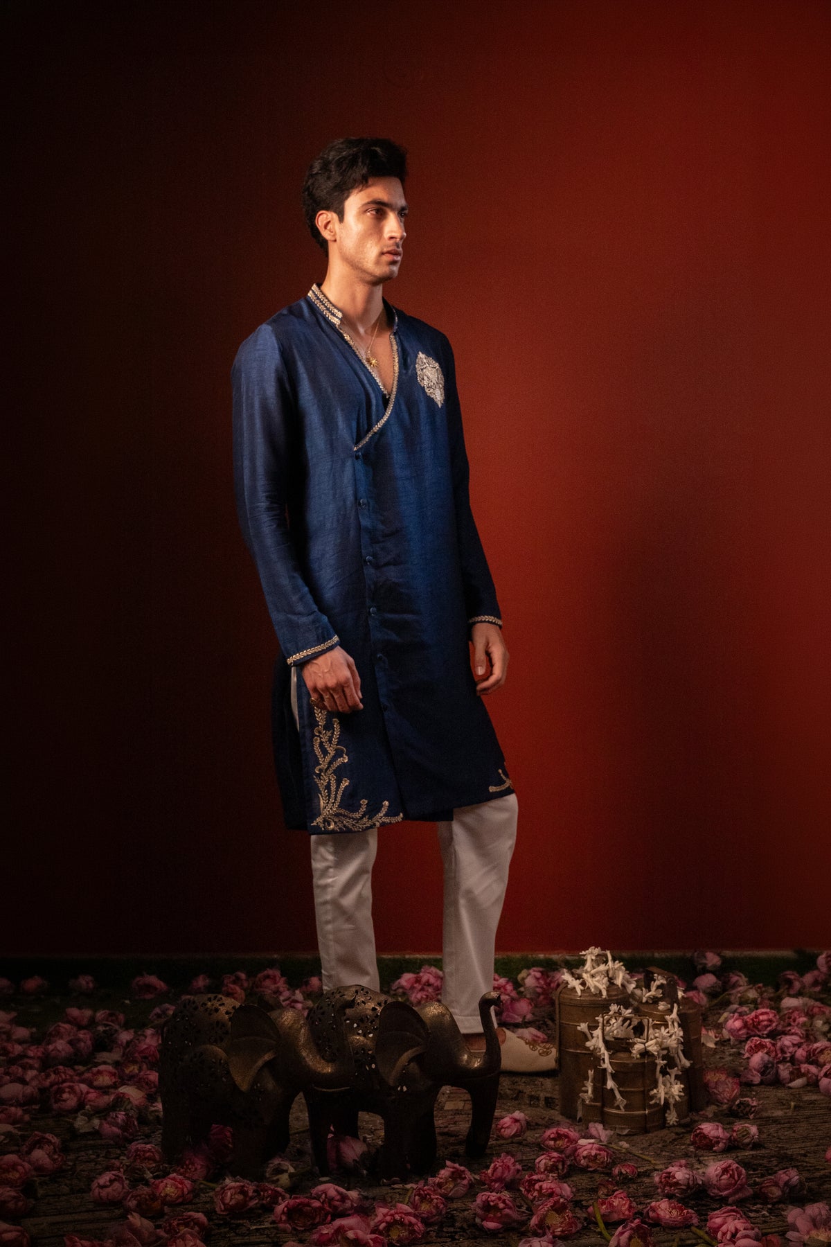 Manomaya — Navy Thread Embroidered Falling Raw Silk Kurta
