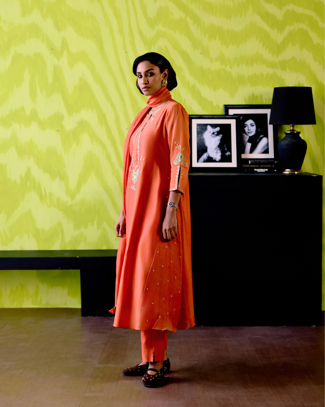 Rust Orange Side Panelled A-Line Kurta Set
