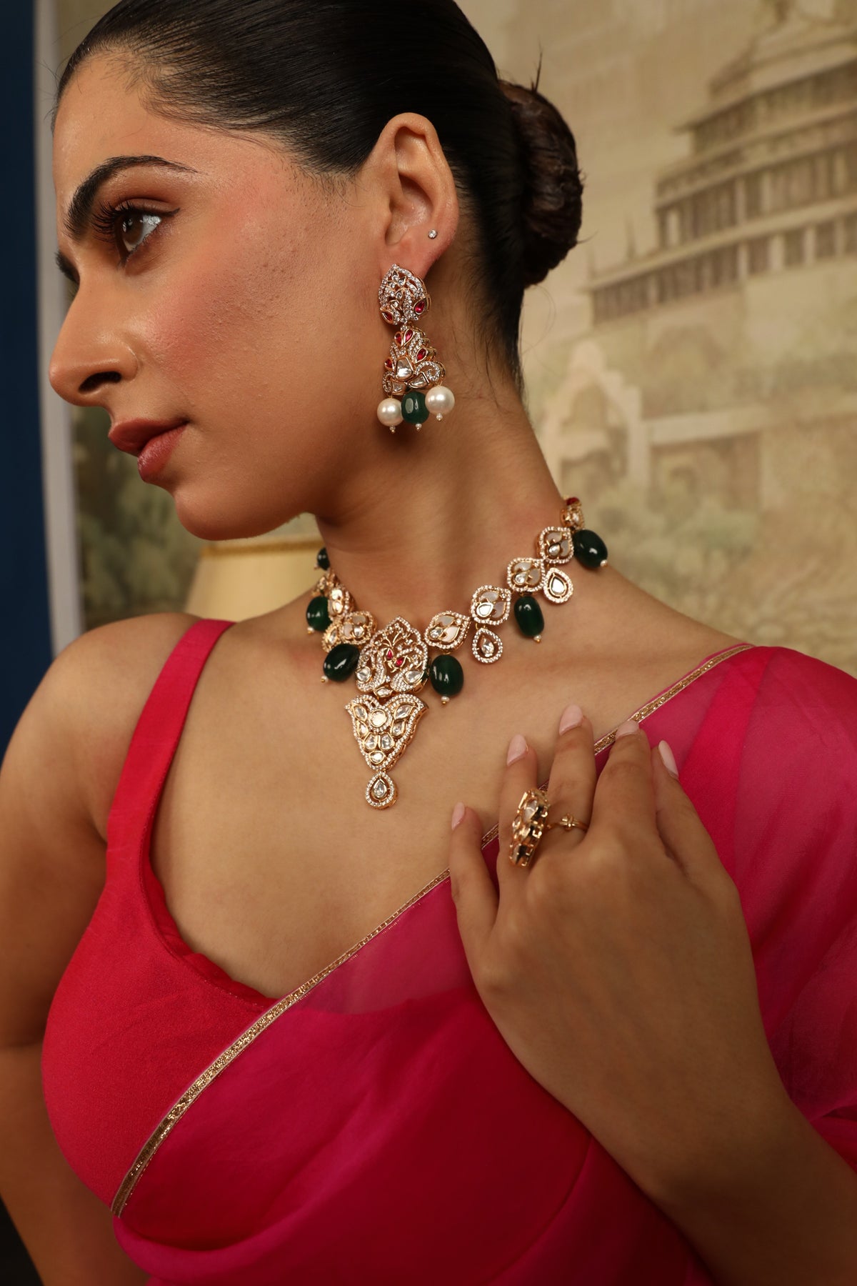 Xago Designer Polki Emerald Accents Gold-Plated Peacock Motif Necklace