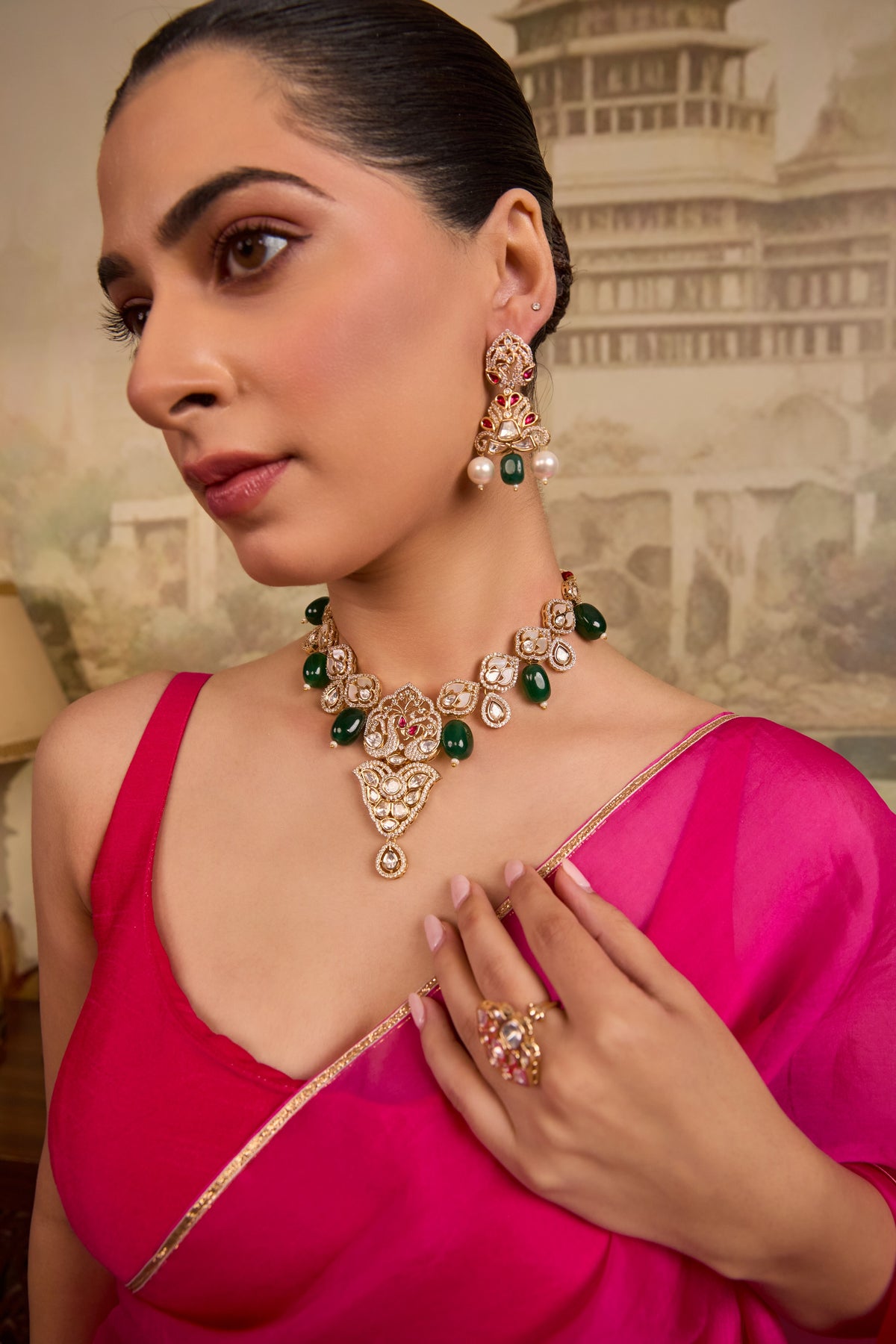 Xago Designer Polki Emerald Accents Gold-Plated Peacock Motif Necklace Set